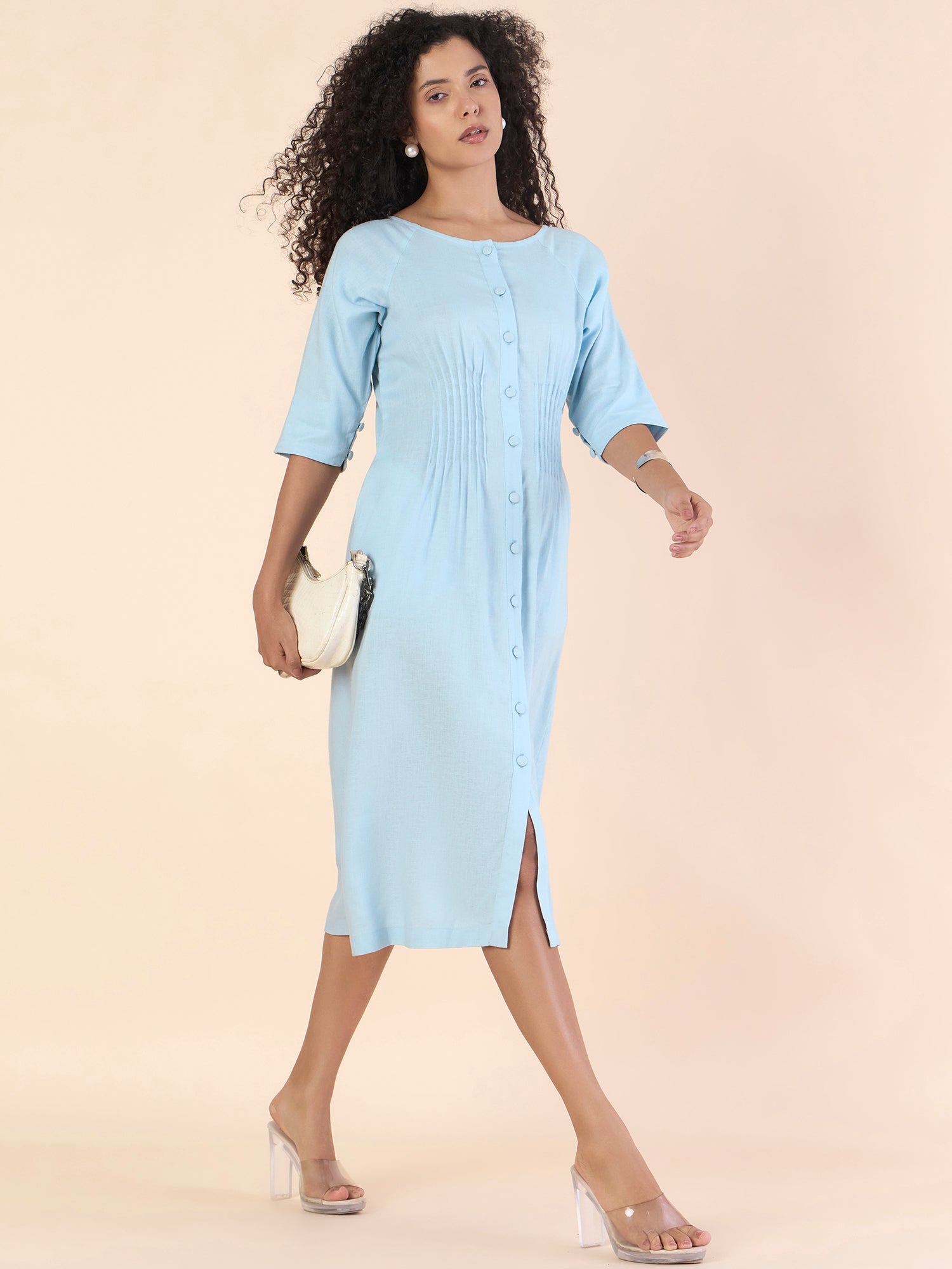 Women Sky Blue Pin-Tucks Detail Fit & Flare Midi Dress
