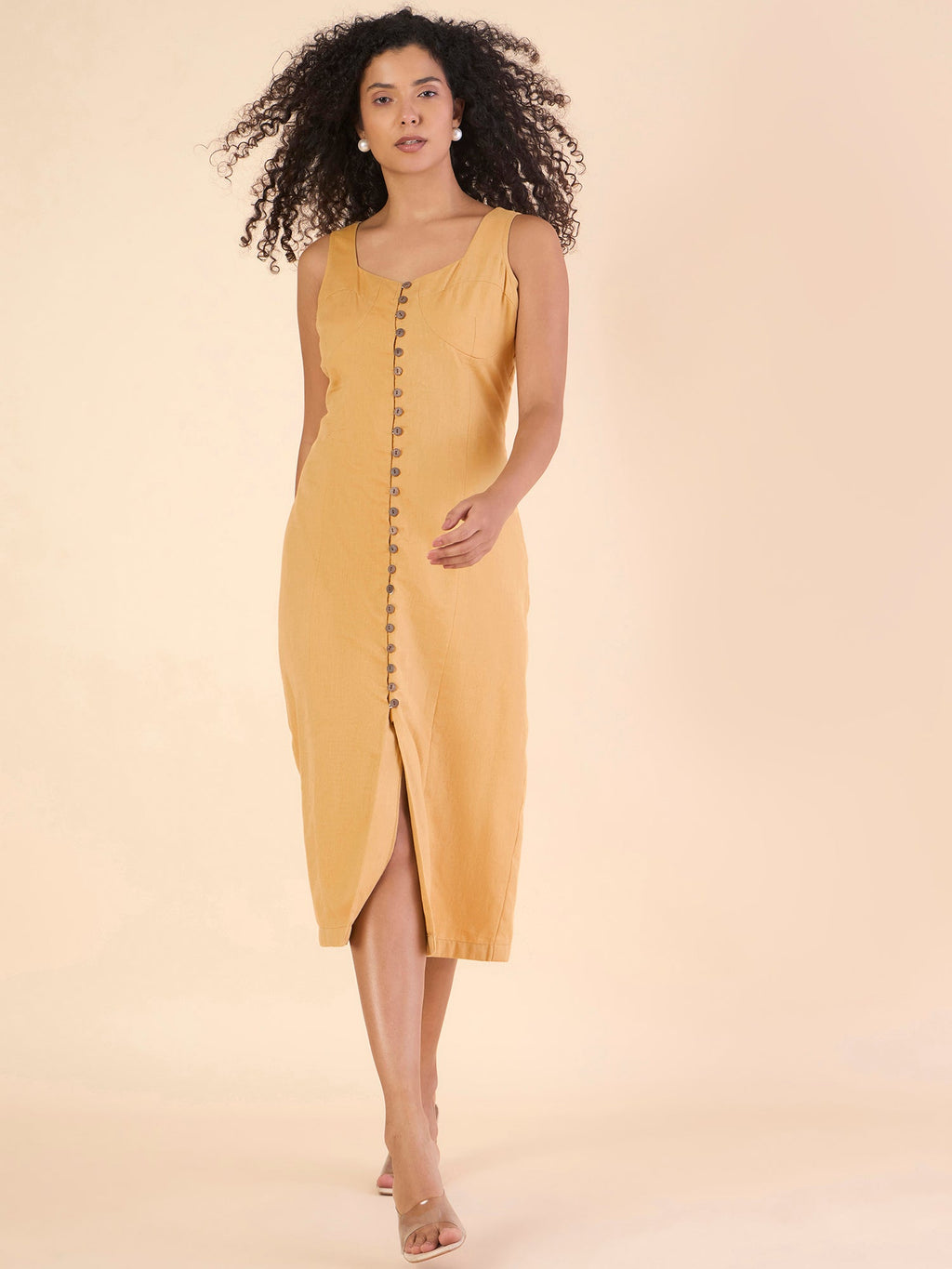 Women Mustard Sleeveless Midi Dress