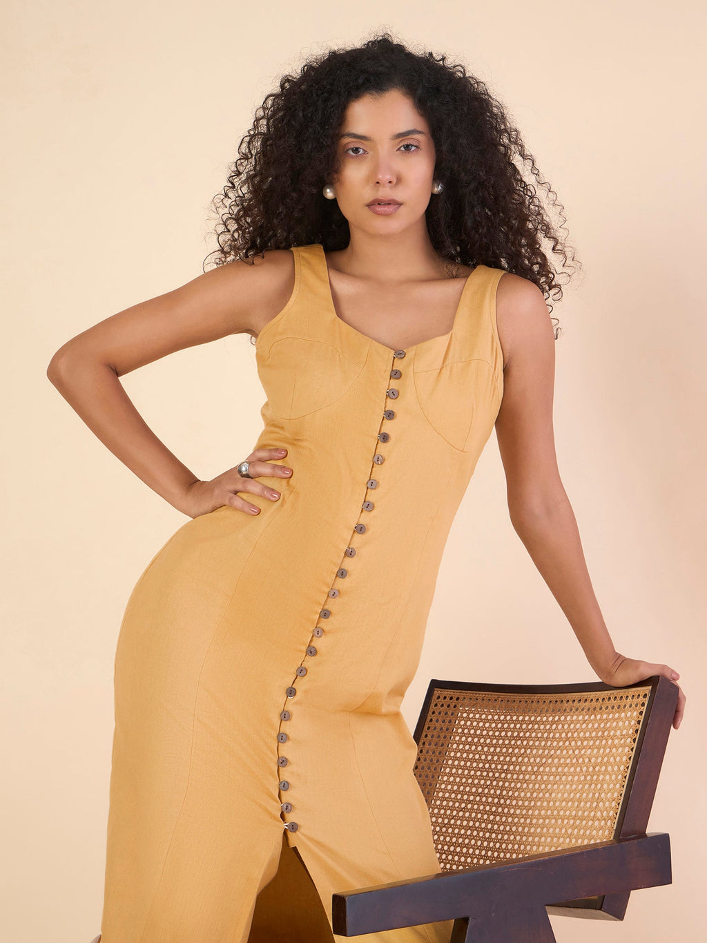 Women Mustard Sleeveless Midi Dress