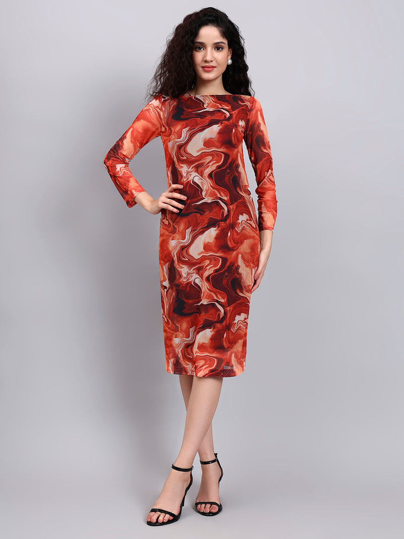 Women Bodycon Mesh Printed Dress