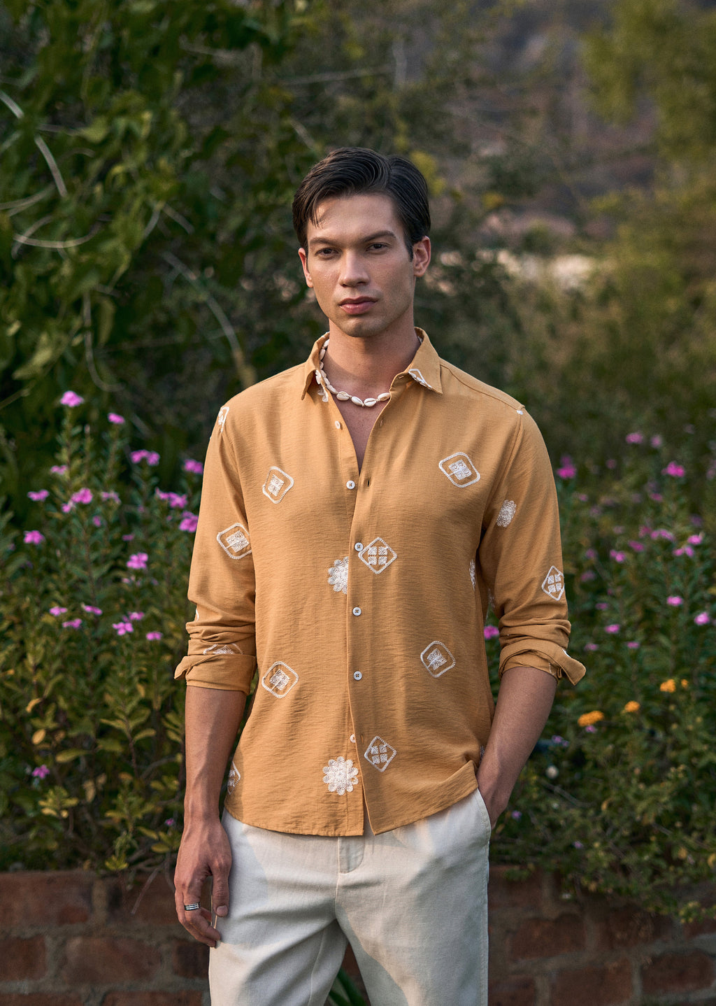 Mustard Motif Embroidery Shirt