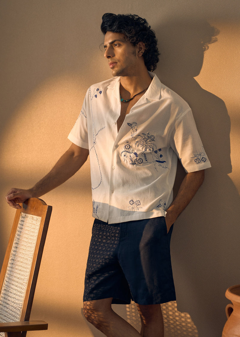 Blue Floral Embroidery Linen Shirt