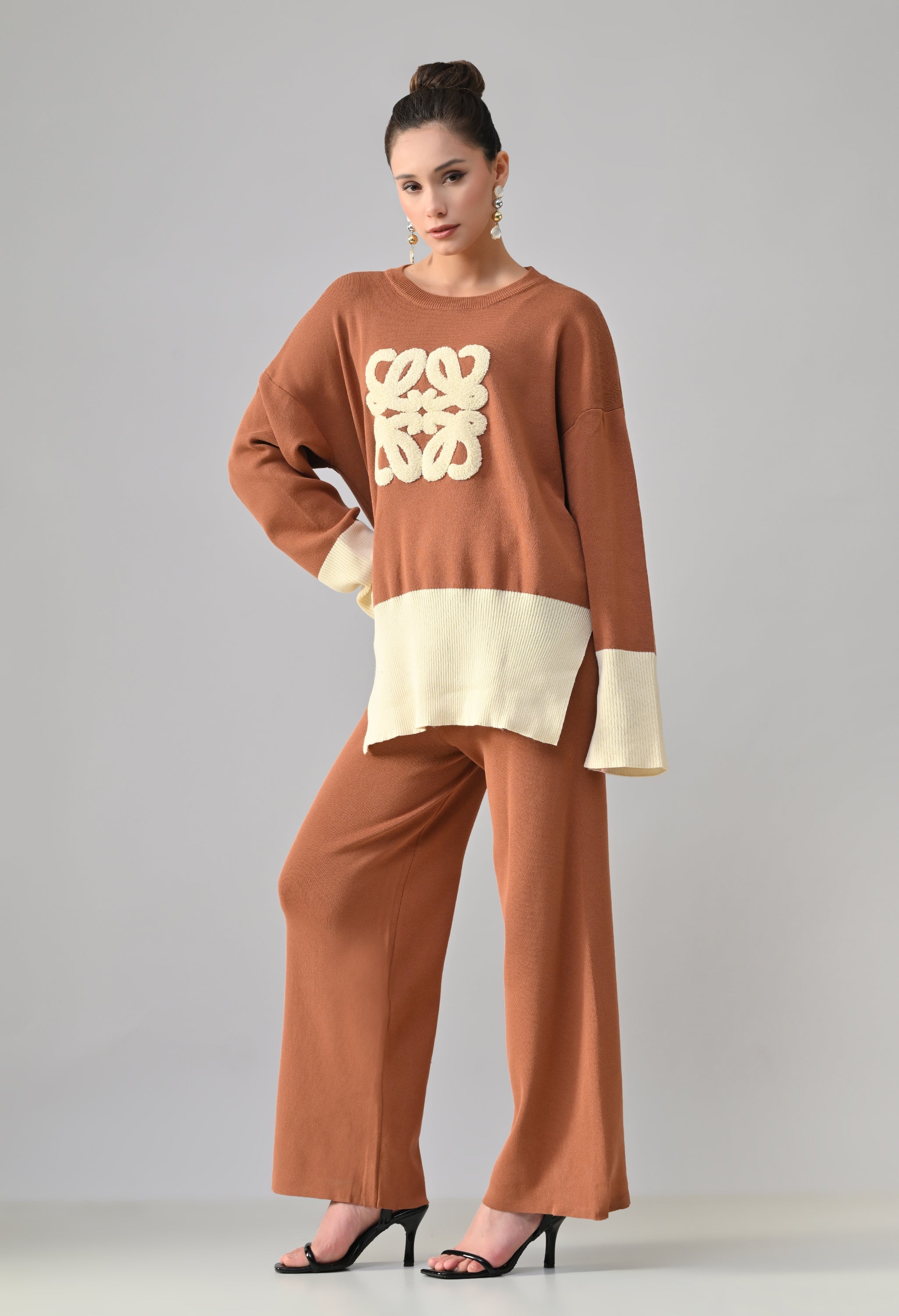 Colorblock Knitted Two-Piece Set - Beige