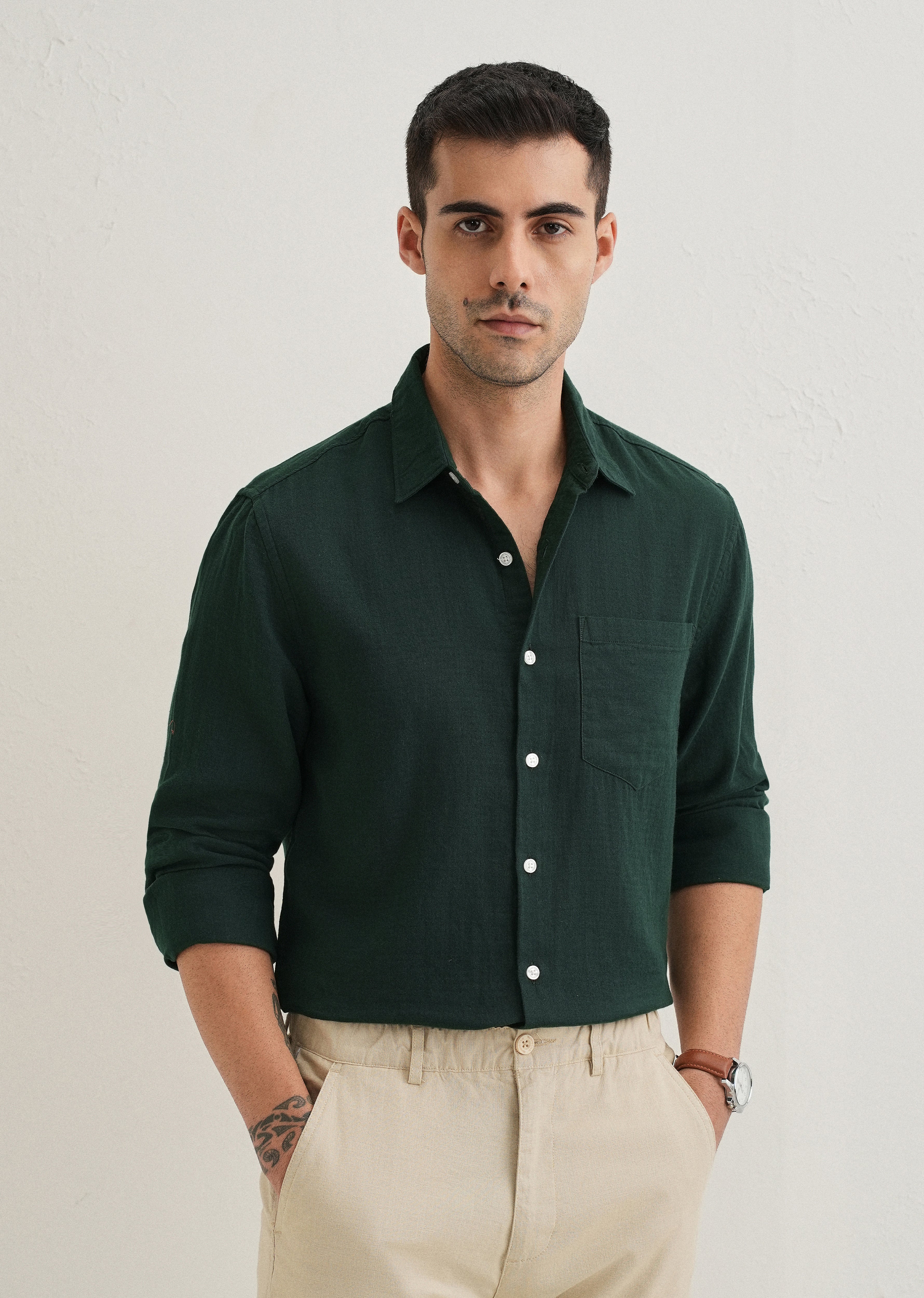 Dark Green Double Cloth Cotton Shirt