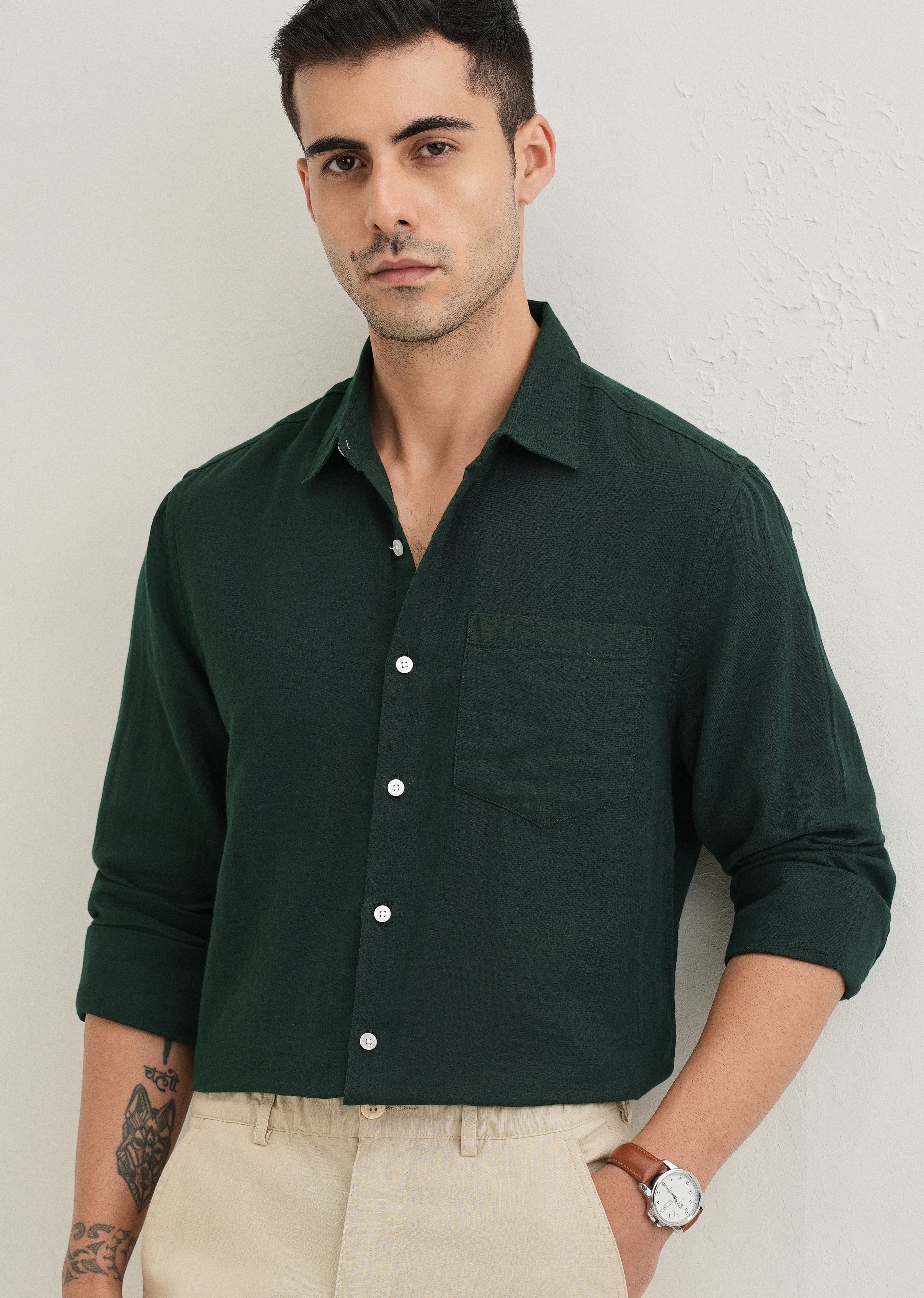 Dark Green Double Cloth Cotton Shirt