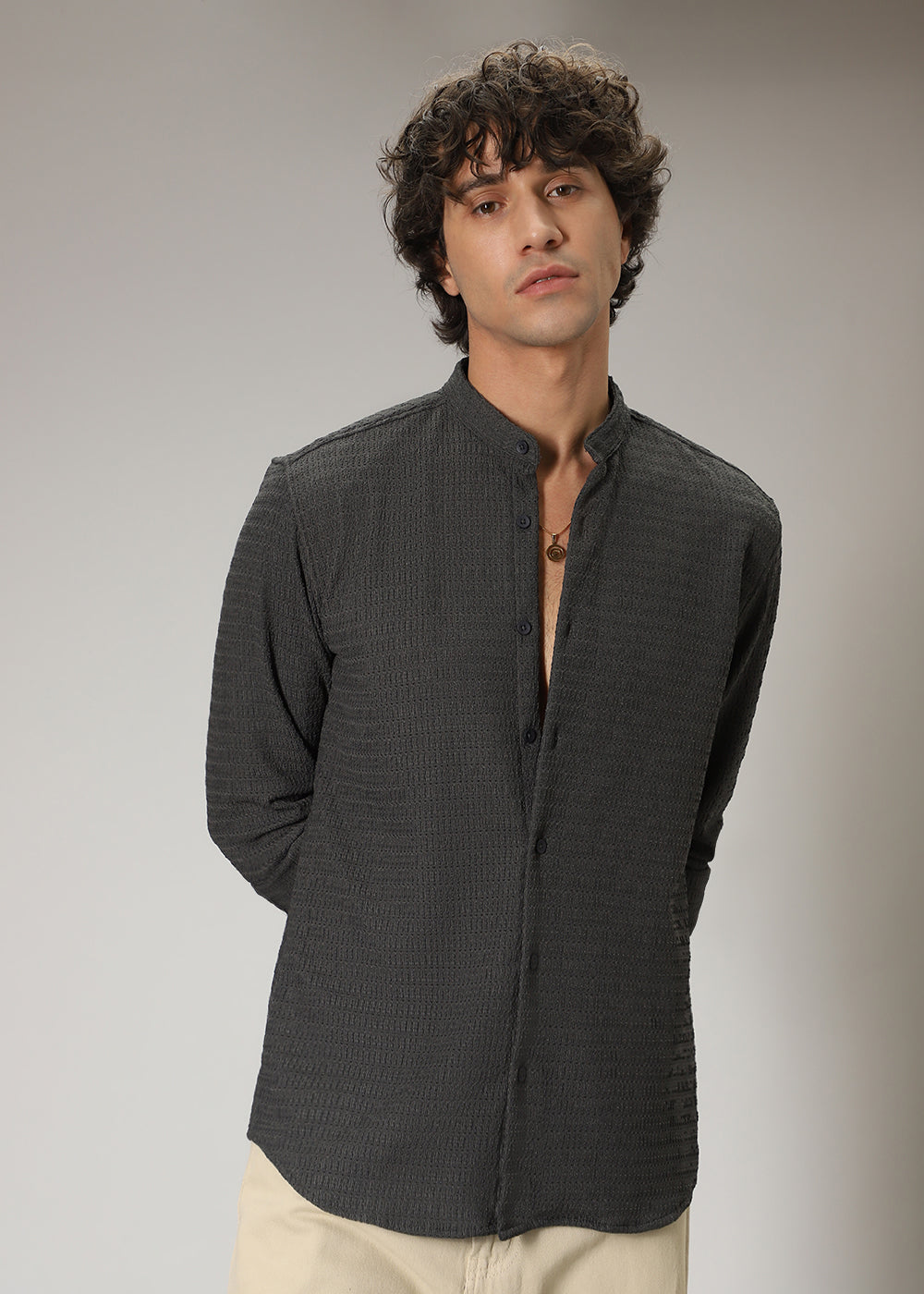 Dark Grey Plain Knitted Crochet Shirt