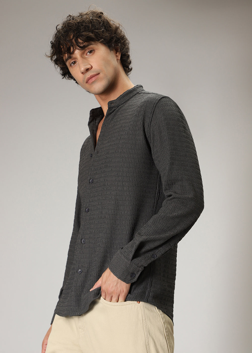 Dark Grey Plain Knitted Crochet Shirt