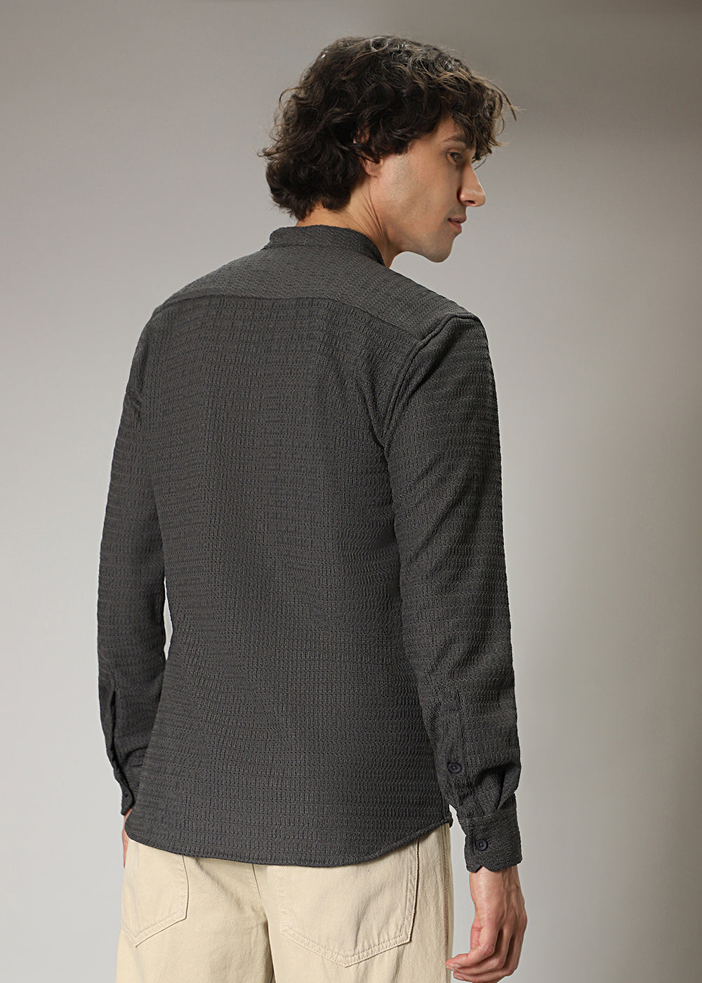 Dark Grey Plain Knitted Crochet Shirt
