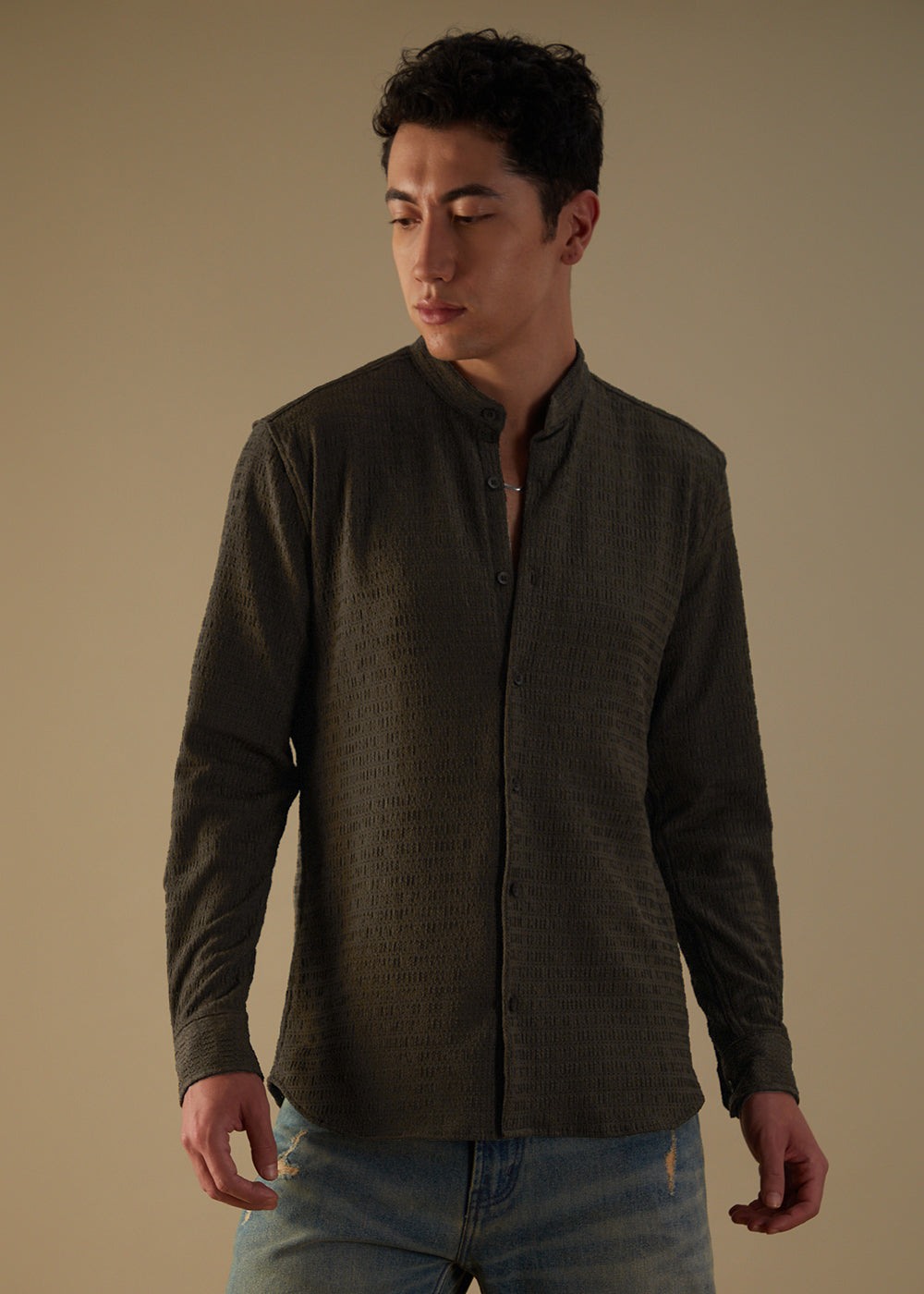 Dark Olive Plain Knitted Crochet Shirt