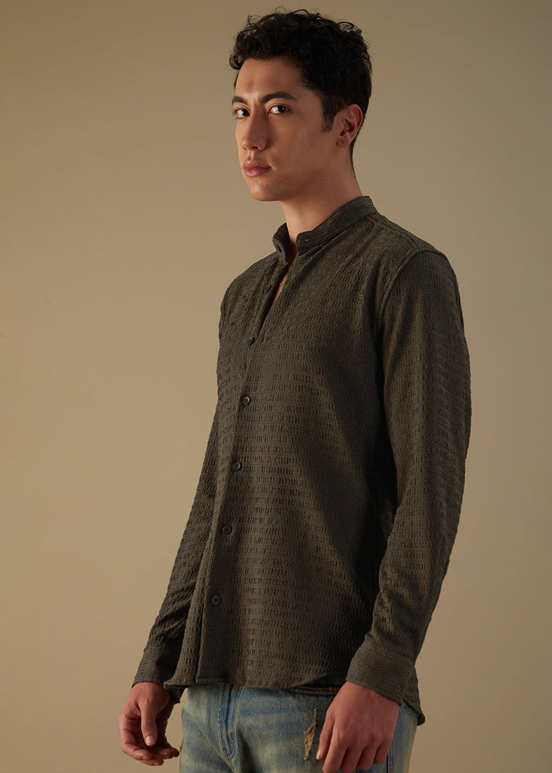 Dark Olive Plain Knitted Crochet Shirt