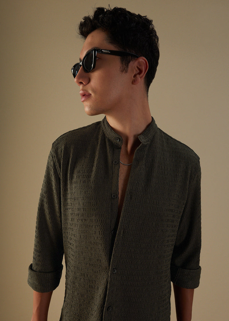 Dark Olive Plain Knitted Crochet Shirt