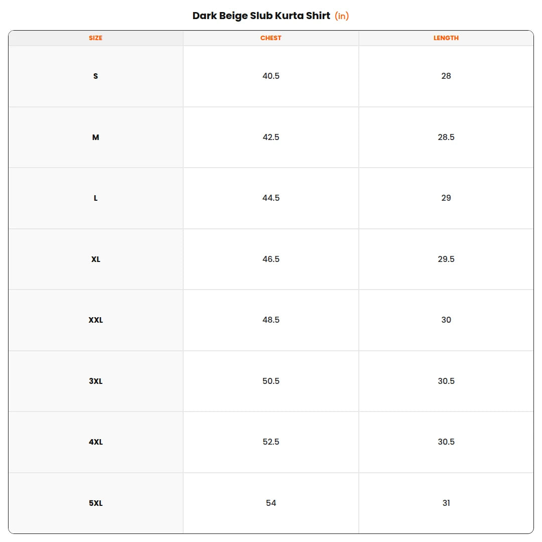 Size chart - Dark Beige Slub Kurta Shirt