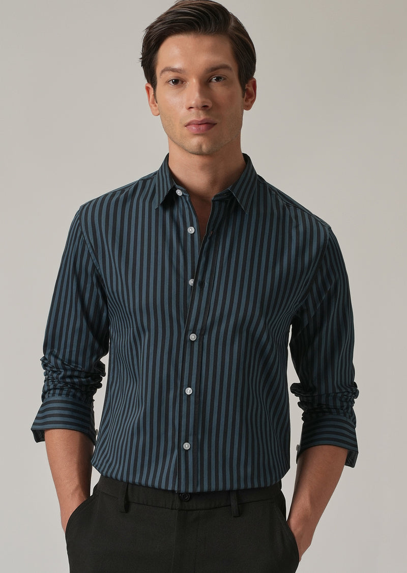 Dark Blue Satin Pin Stripe Shirt