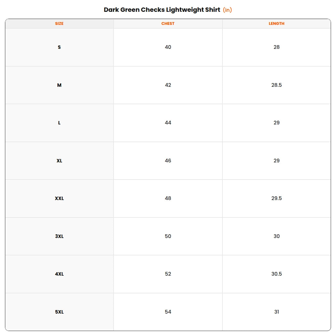 Size chart - Dark Green Checks Lightweight Shirt