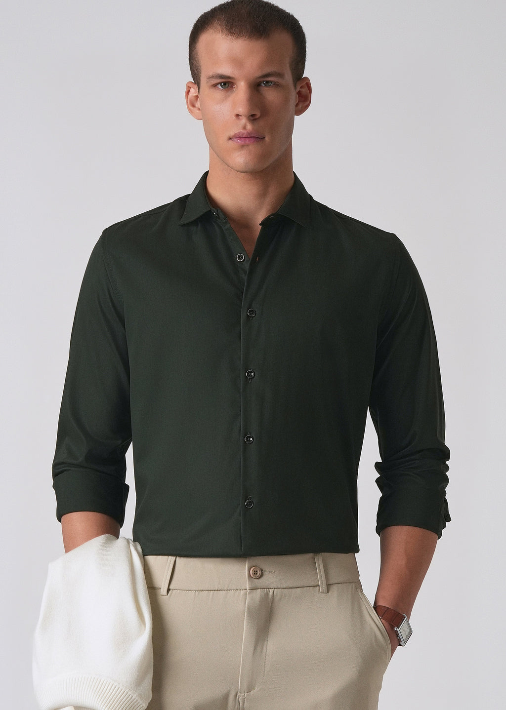 Dark Green Cotton Stretch Plain Shirt