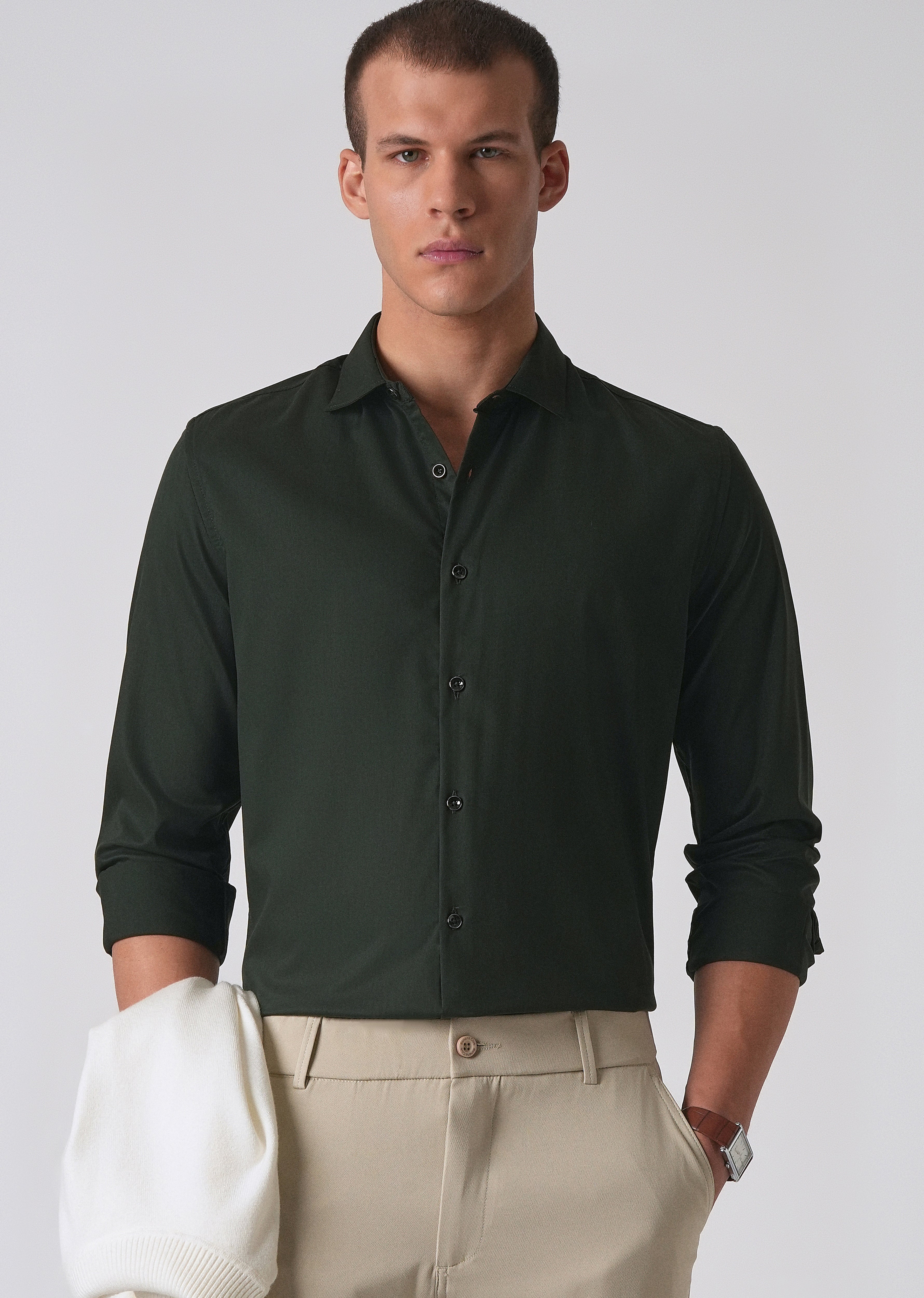 Dark Green Cotton Stretch Plain Shirt