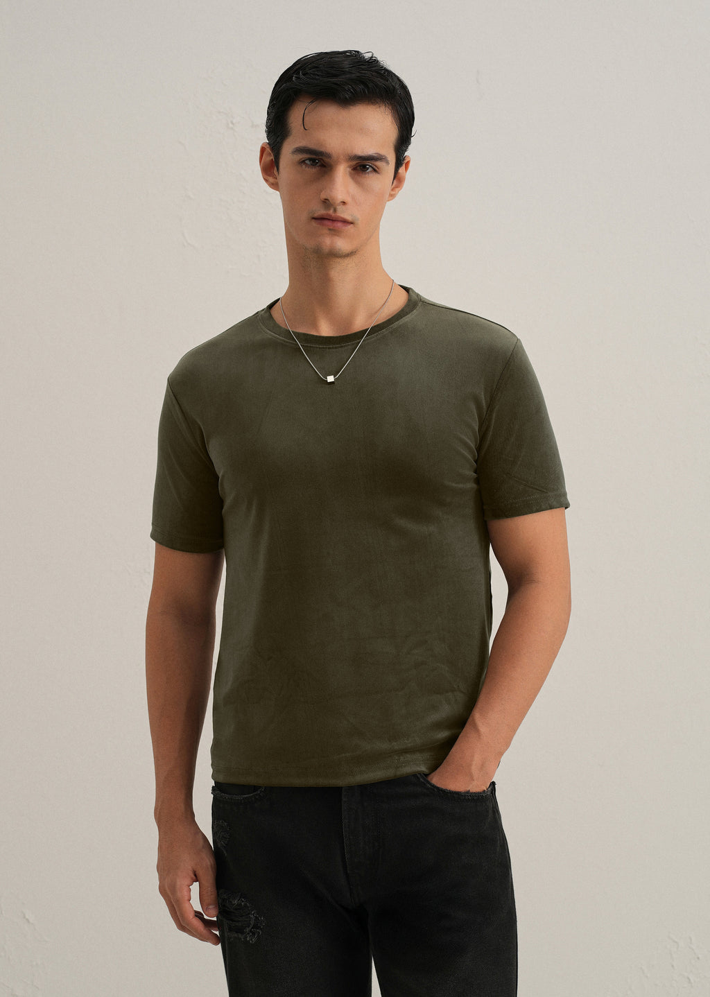 Dark Olive Plain Suede T-shirt