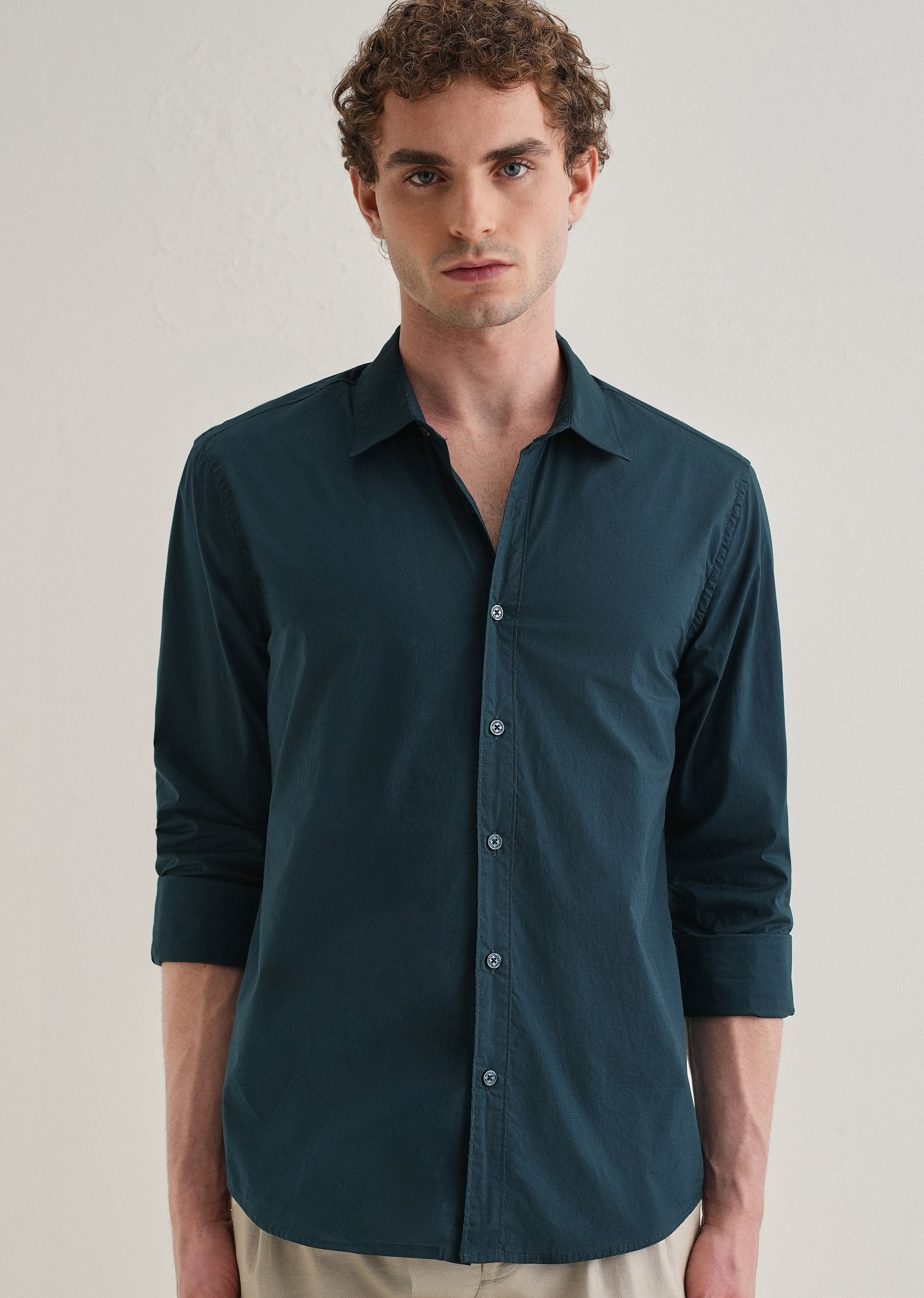 Dark Teal Blue Plain Cotton Shirt