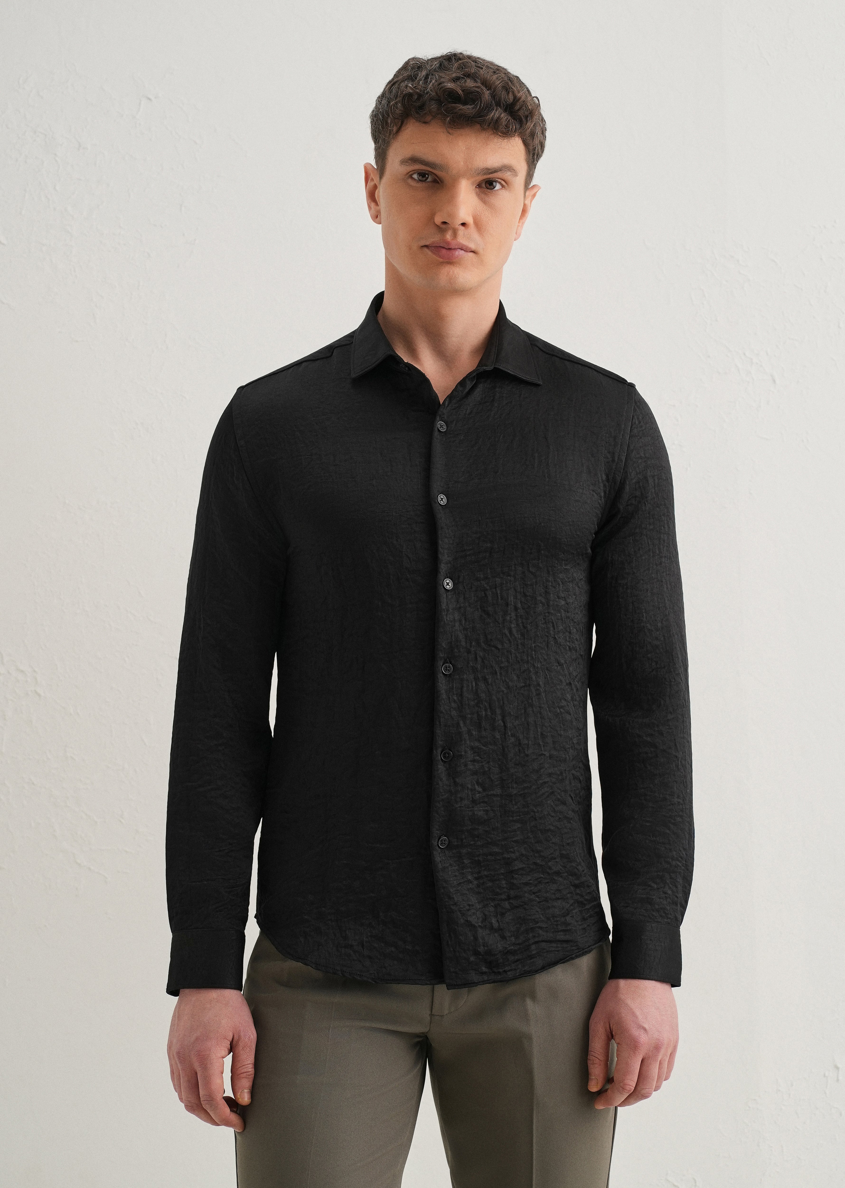 Deep Black Plain Crushed Satin Shirt