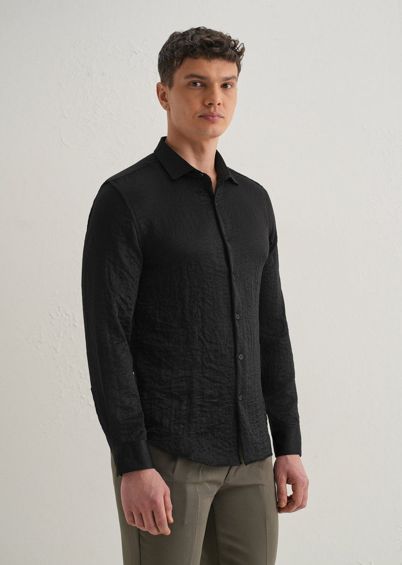 Deep Black Plain Crushed Satin Shirt