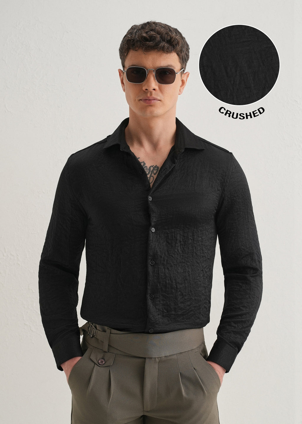 Deep Black Plain Crushed Satin Shirt
