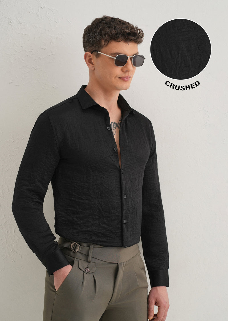 Deep Black Plain Crushed Satin Shirt