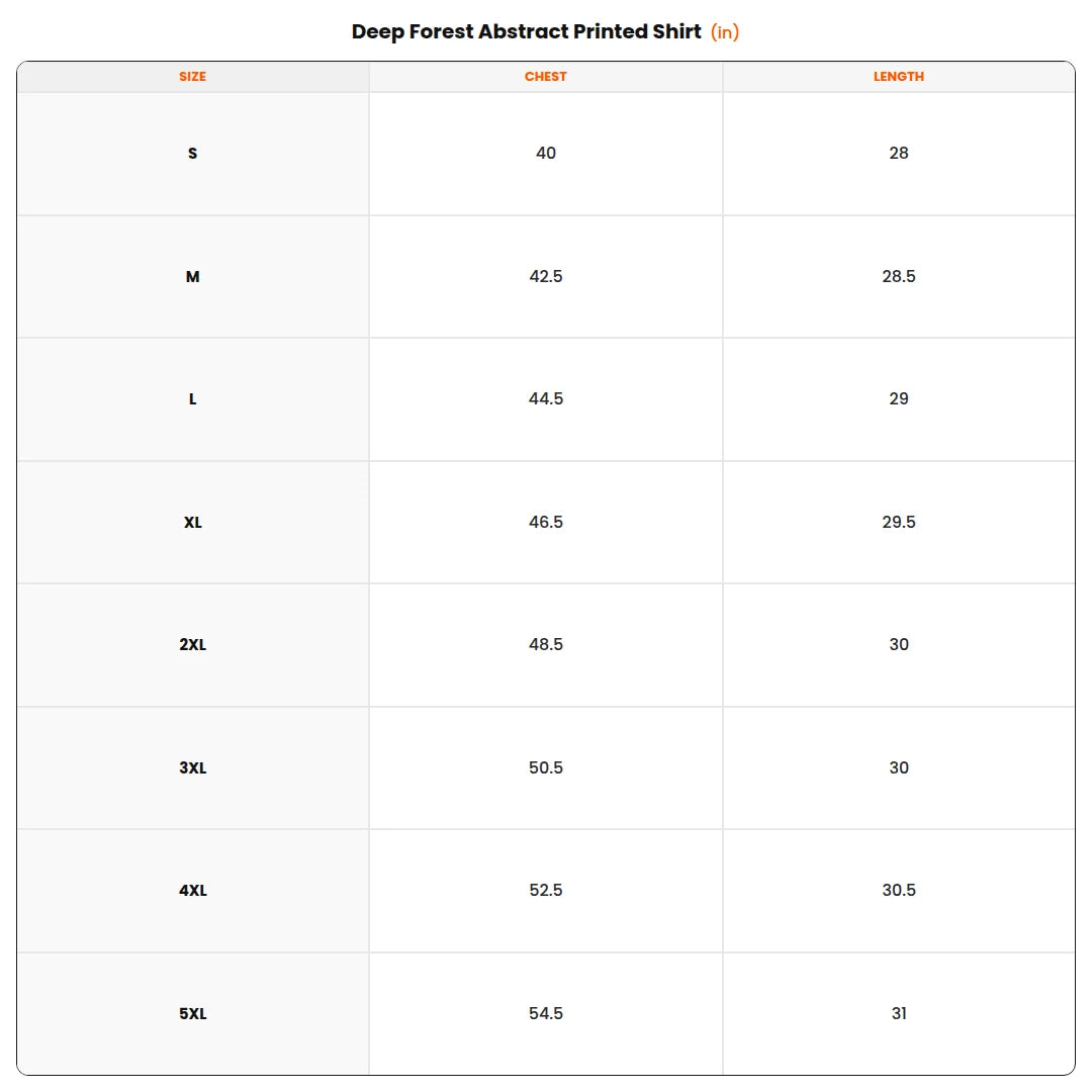 Size chart - Deep Forest Abstract Printed Shirt