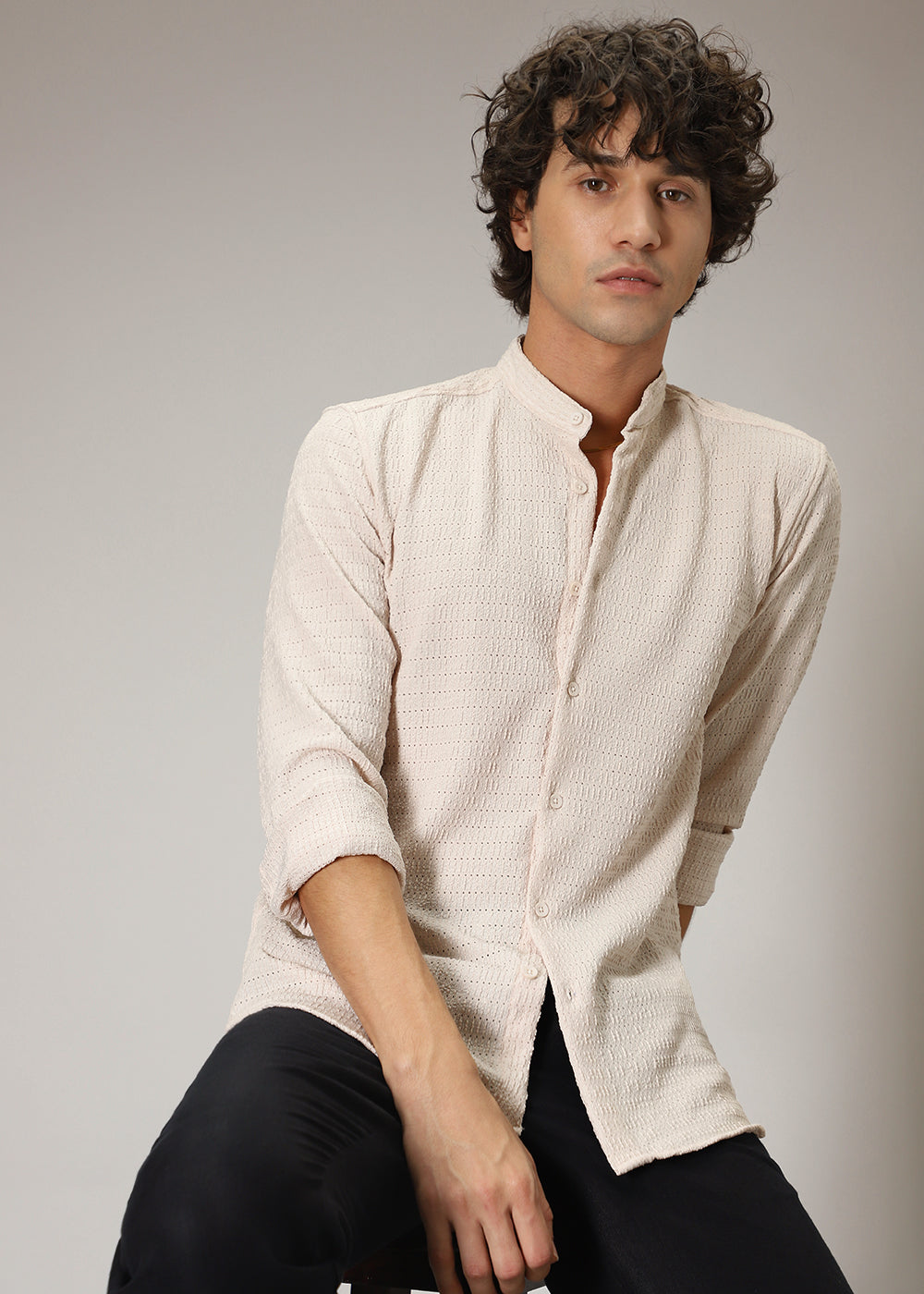 Ecru Cream Plain Knitted Crochet Shirt