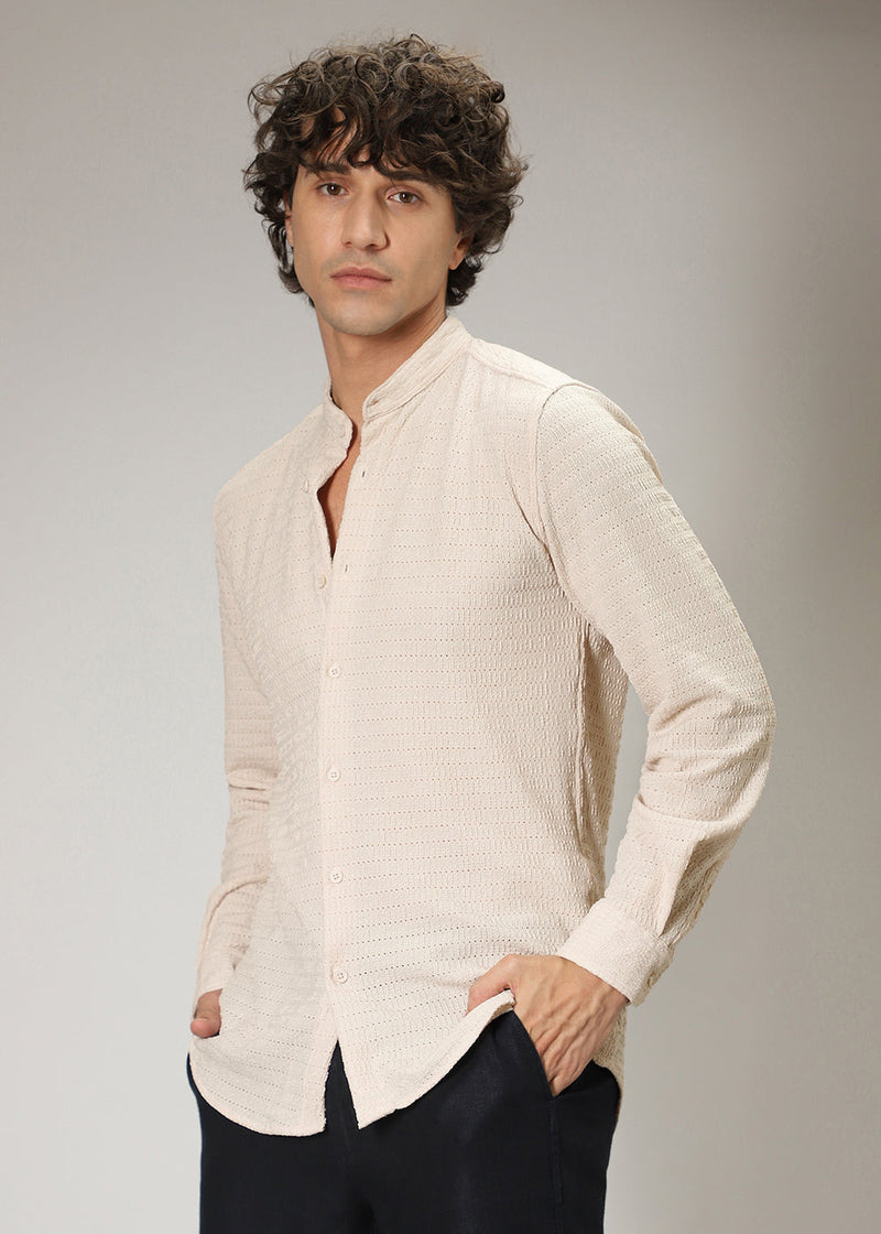 Ecru Cream Plain Knitted Crochet Shirt