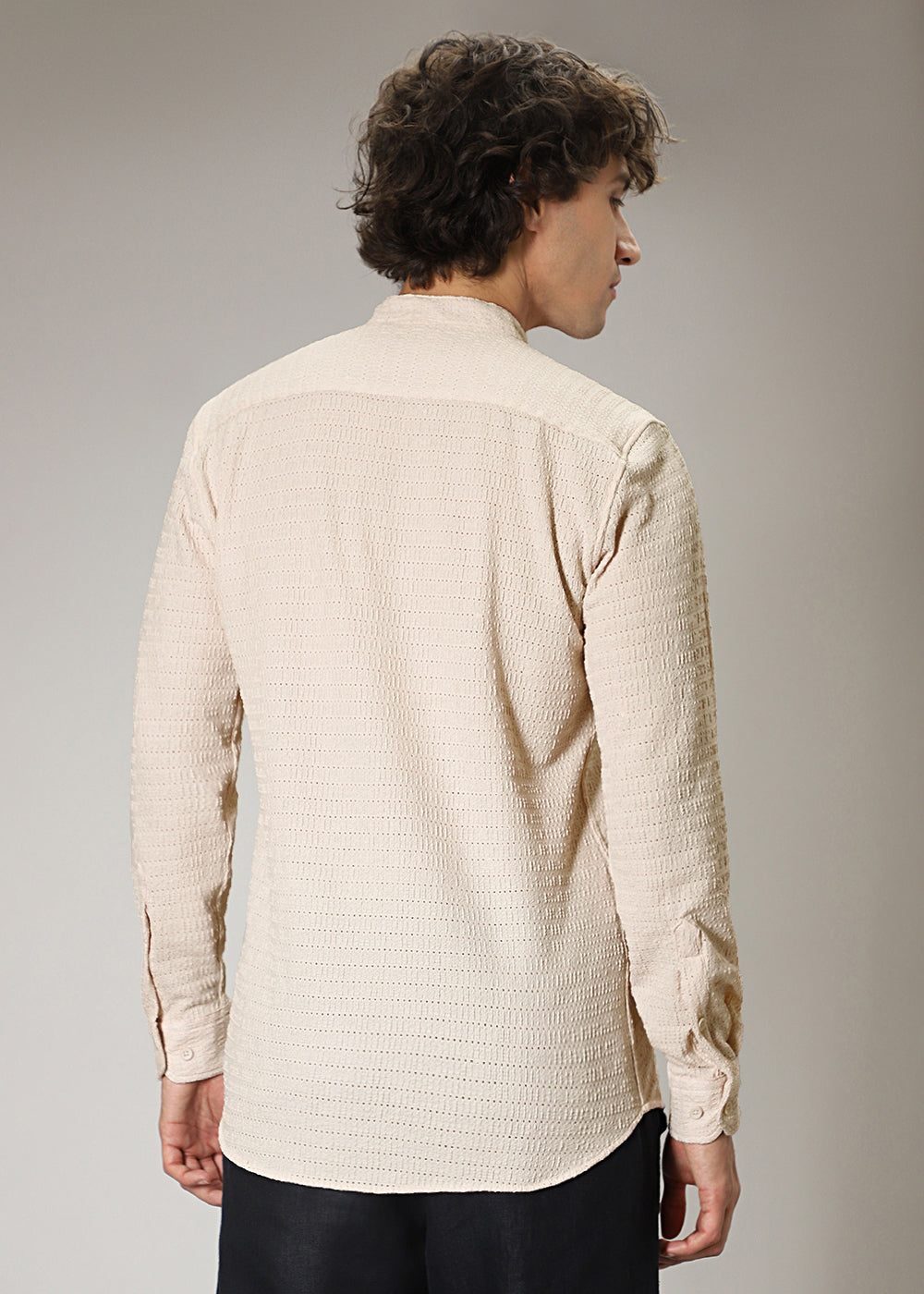 Ecru Cream Plain Knitted Crochet Shirt