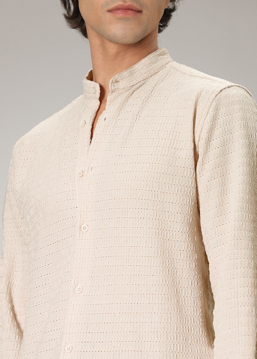 Ecru Cream Plain Knitted Crochet Shirt