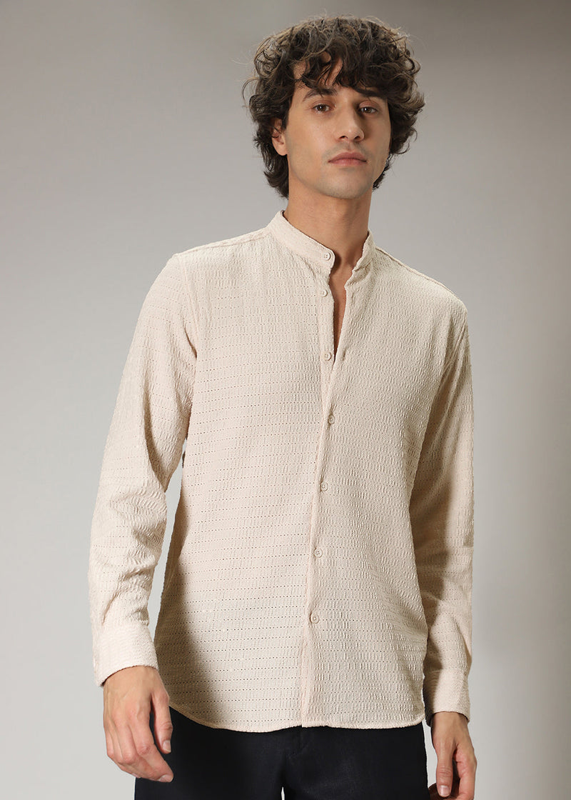 Ecru Cream Plain Knitted Crochet Shirt