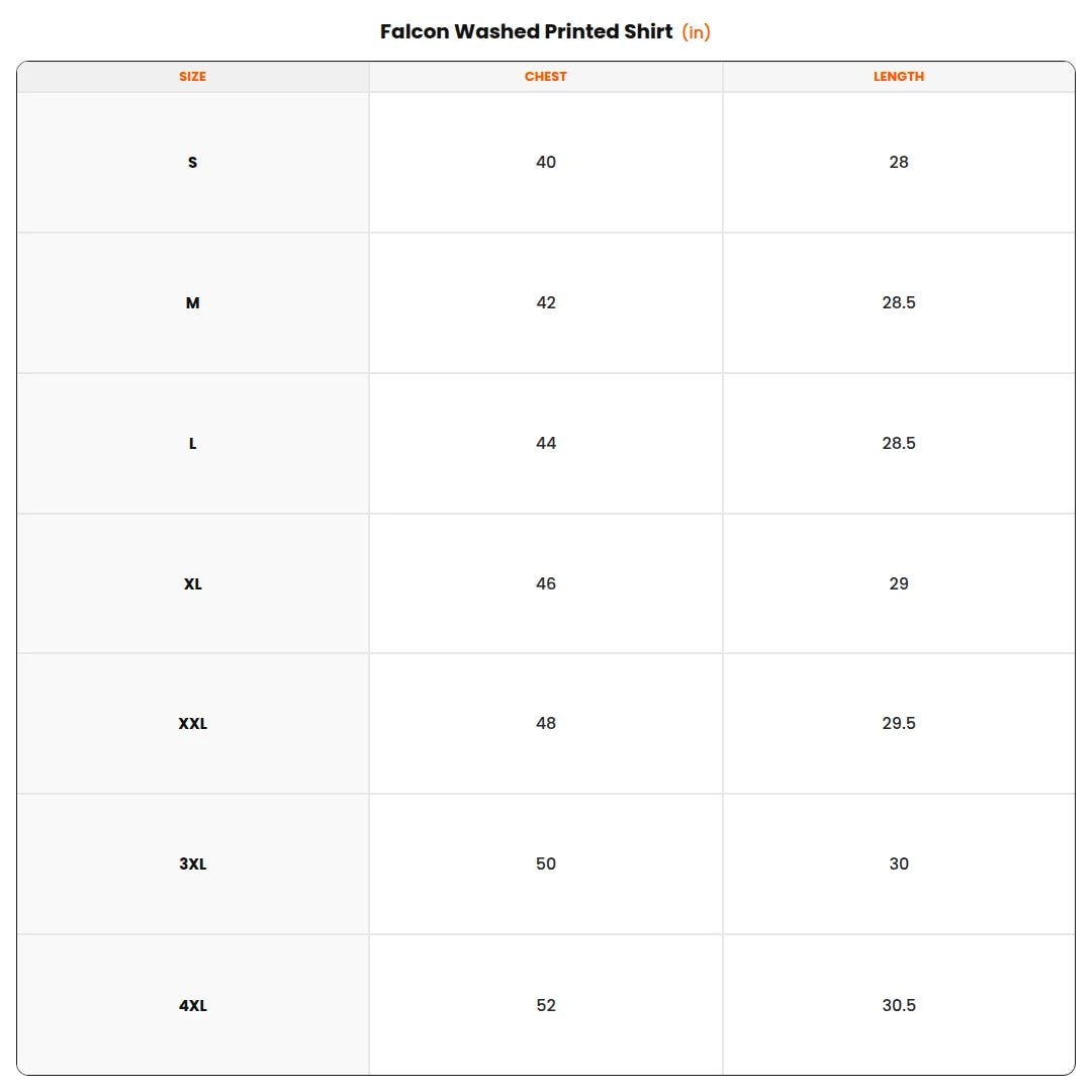 Size chart - Falcon Washed Printed Shirt