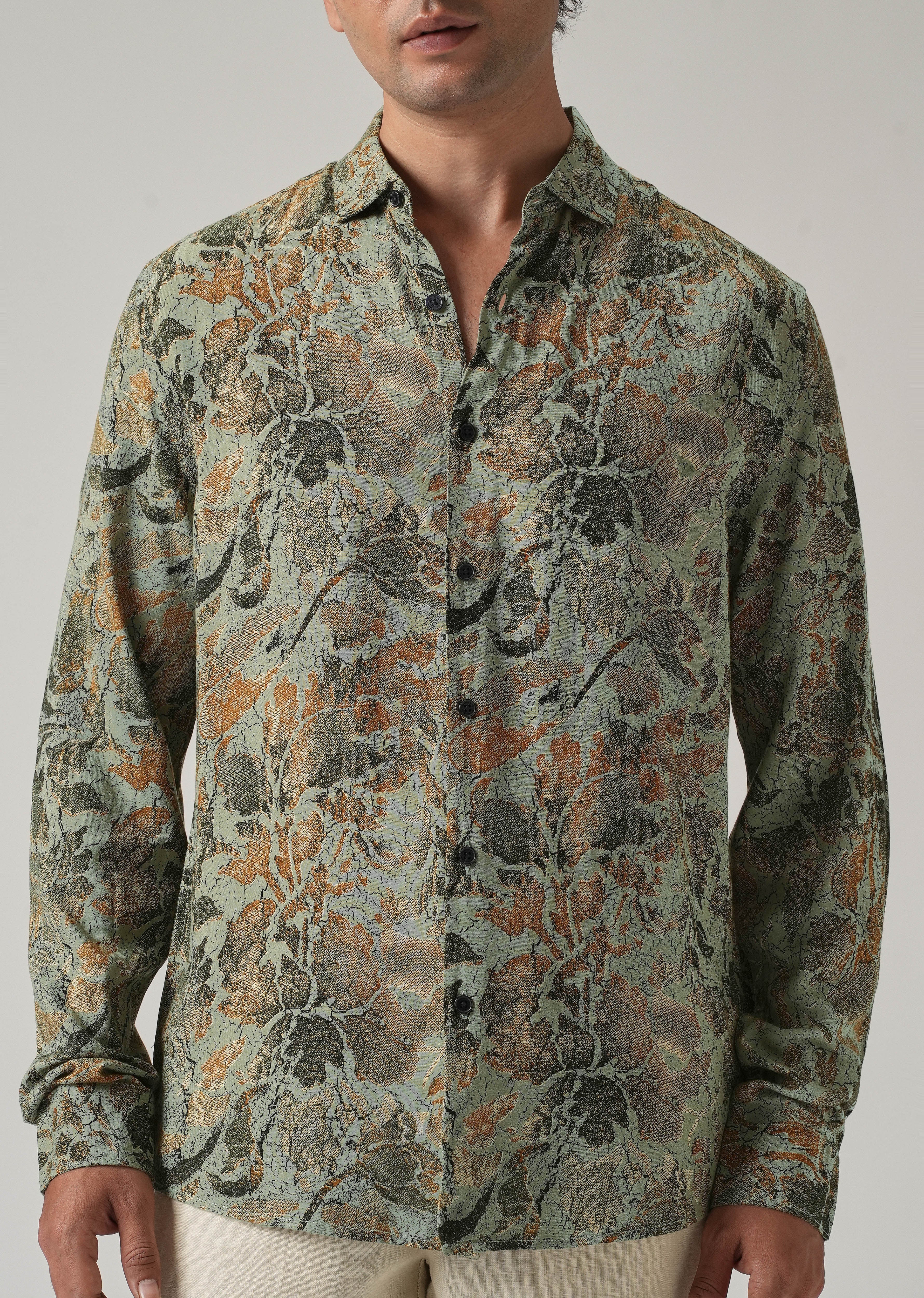 Green Abstract Distress Print Feather Shirt