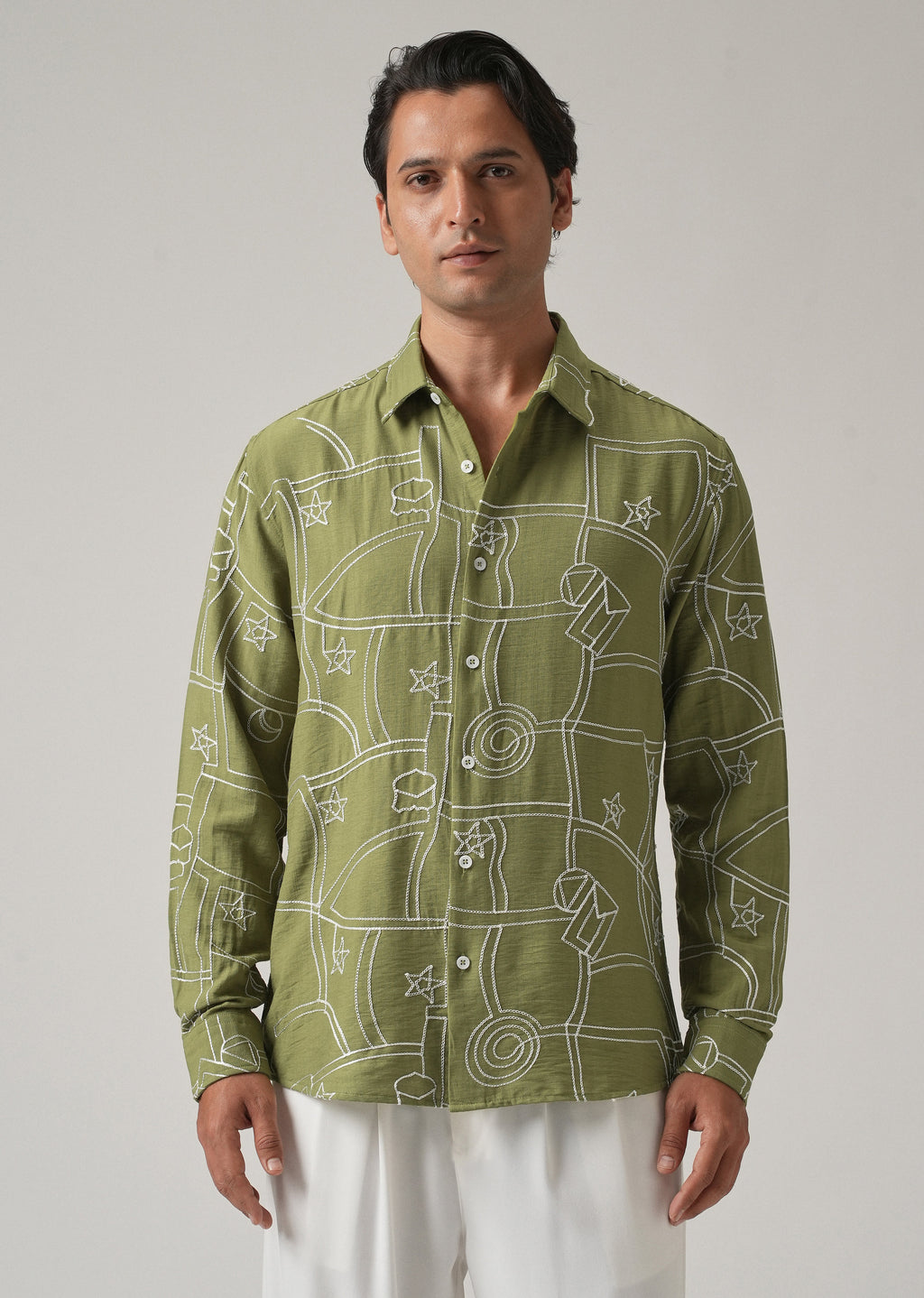 Green Abstract Embroidery Shirt