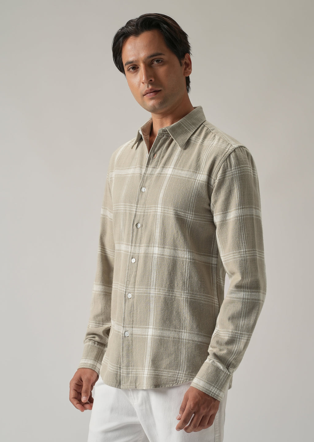 Green Cotton Linen Check shirt