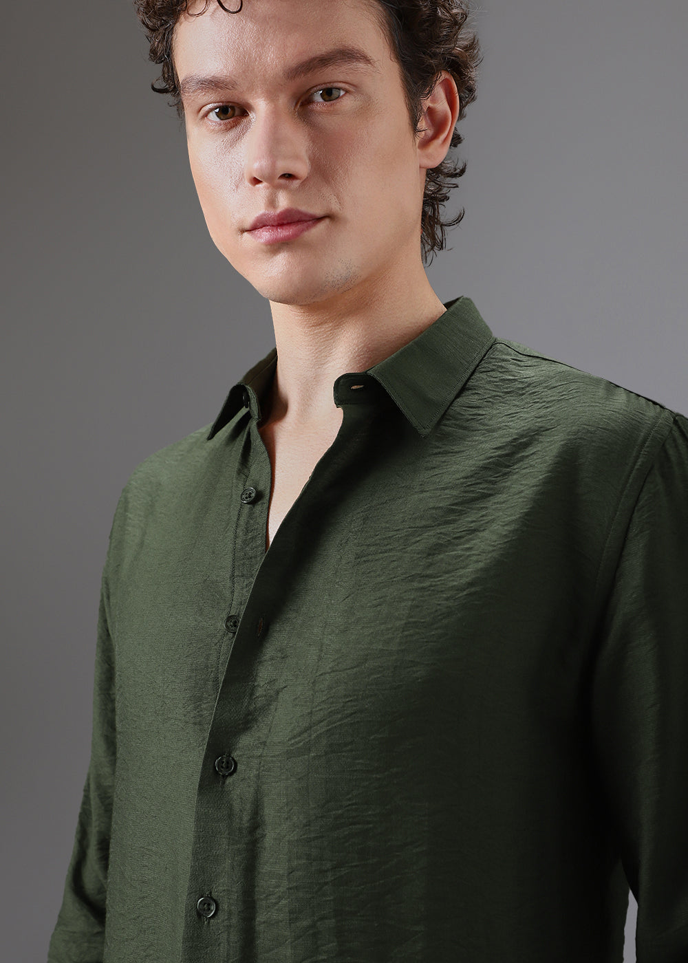 Green Plain Crushed Satin Shirt