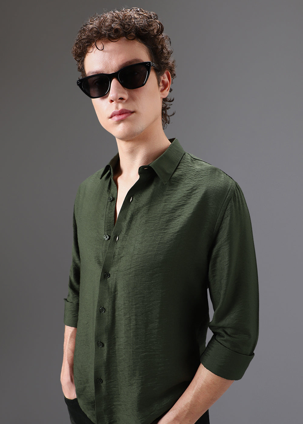 Green Plain Crushed Satin Shirt