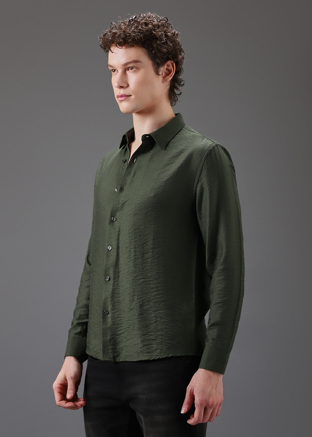Green Plain Crushed Satin Shirt