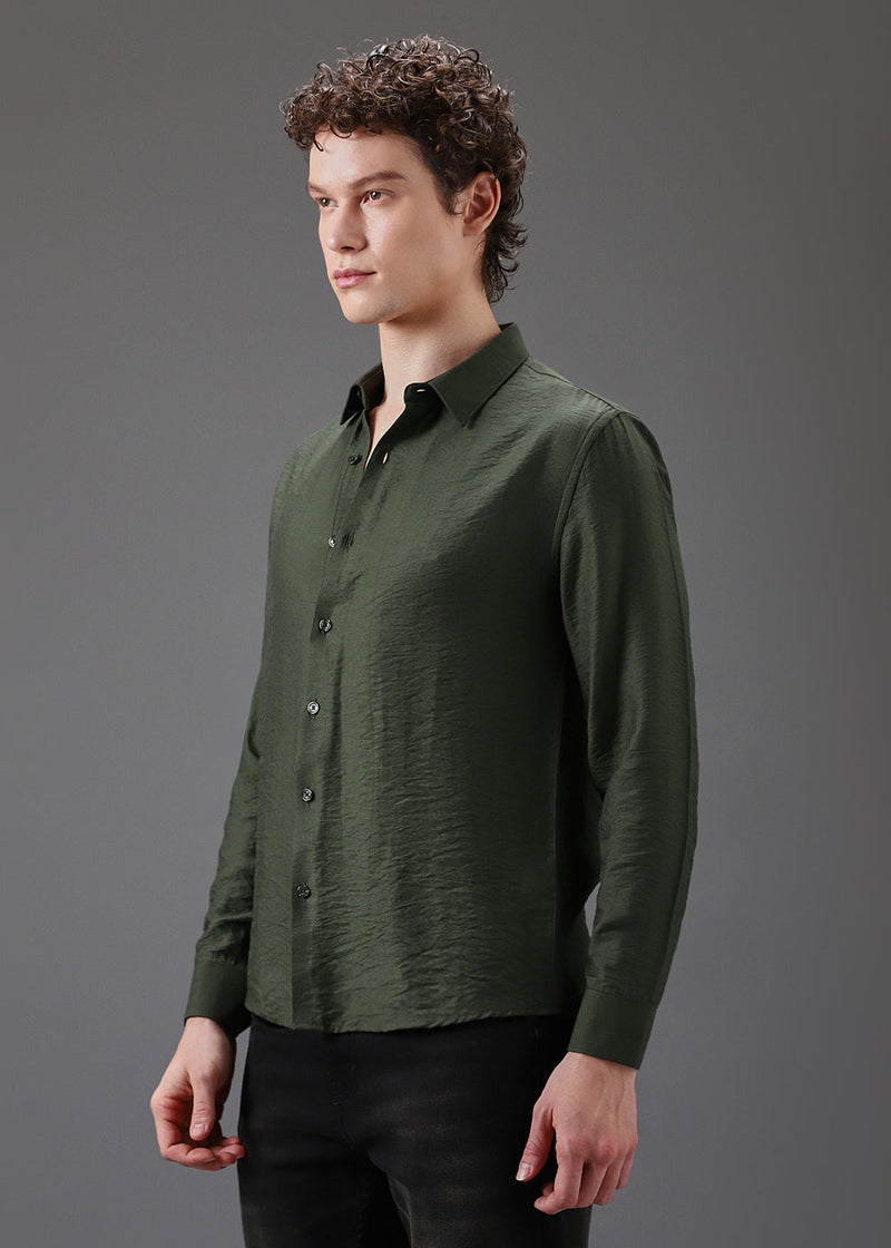 Green Plain Crushed Satin Shirt