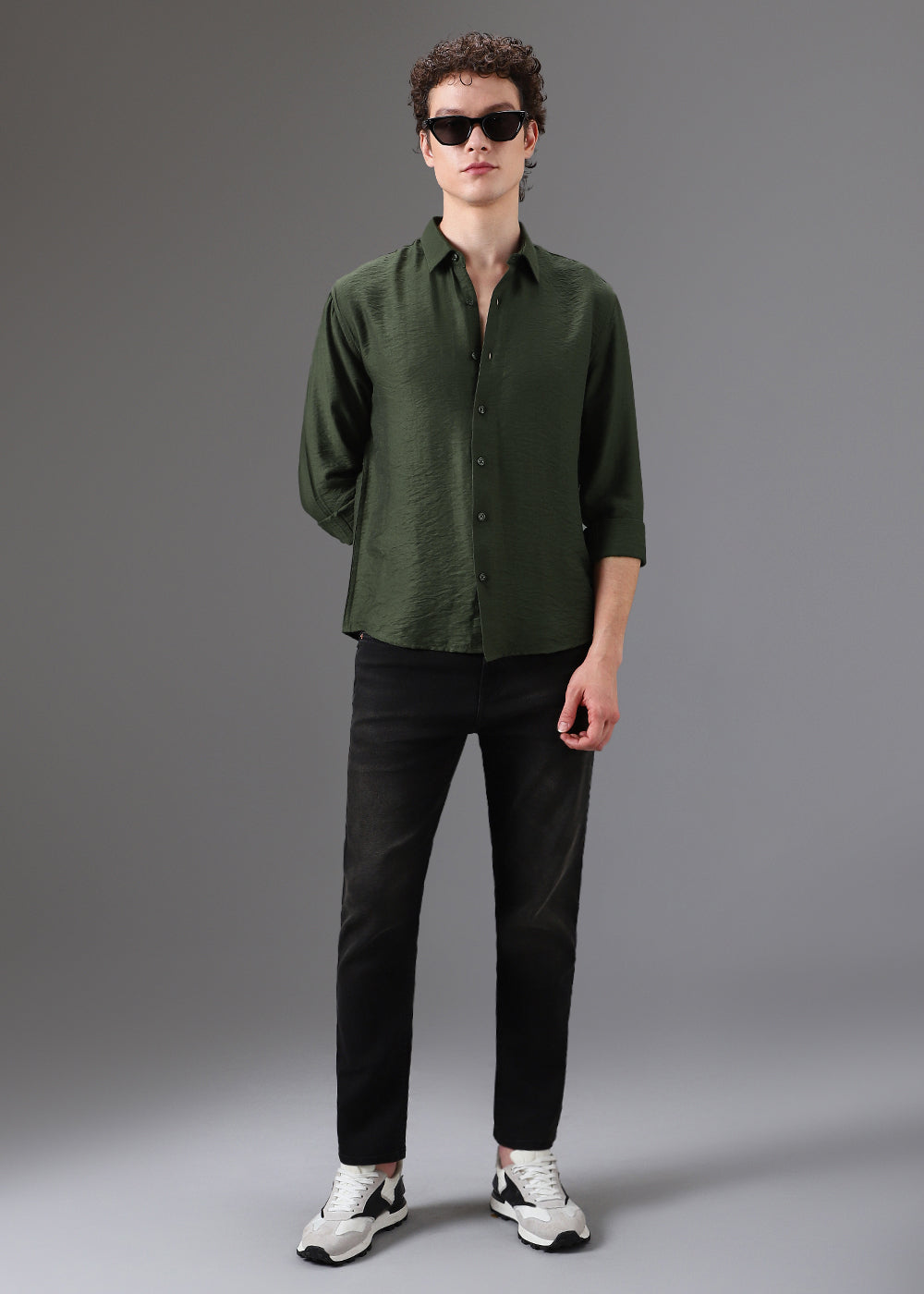 Green Plain Crushed Satin Shirt