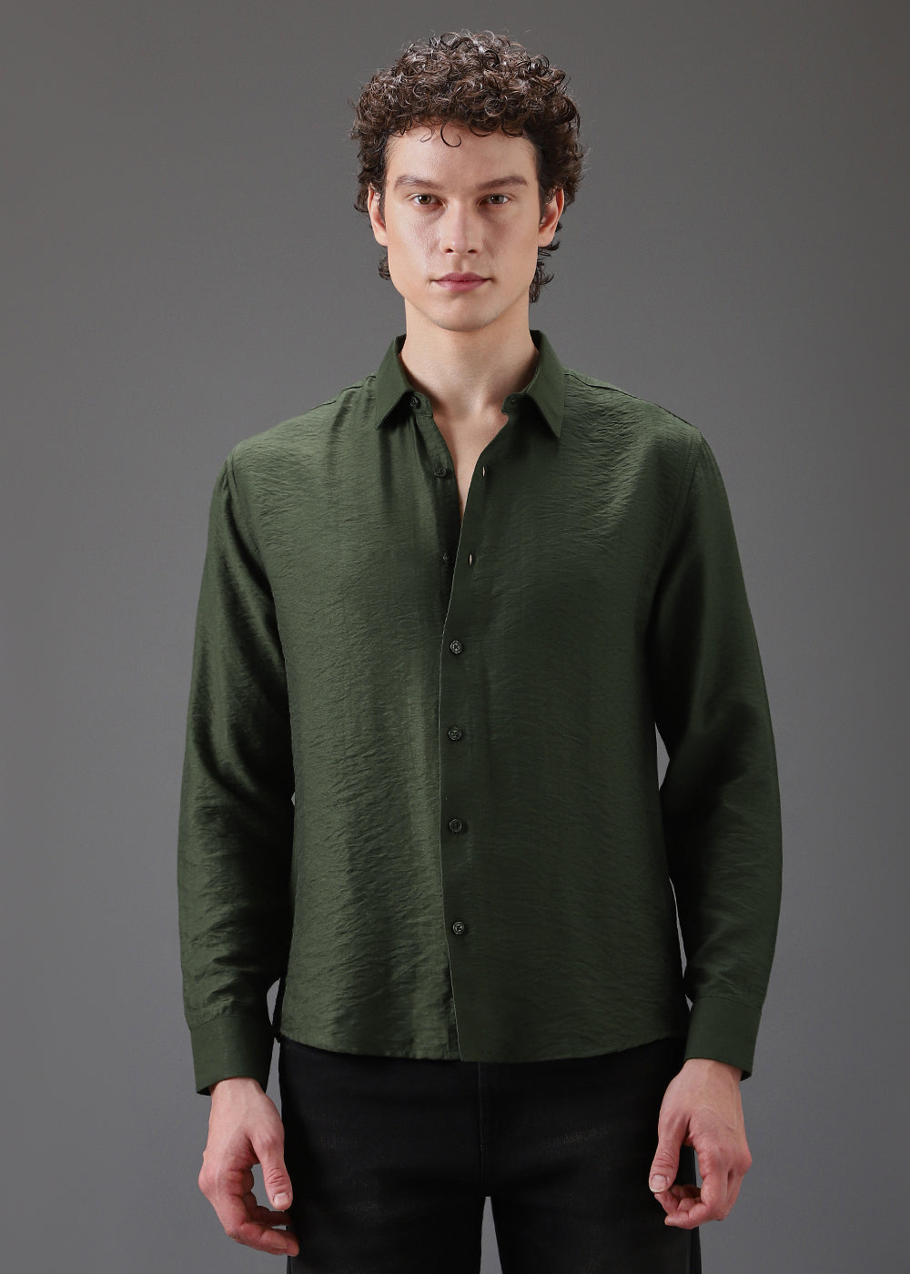 Green Plain Crushed Satin Shirt