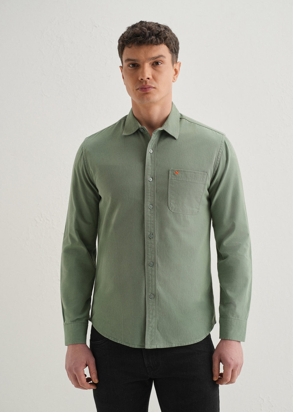 Green Plain Cotton Single Pocket Shirt