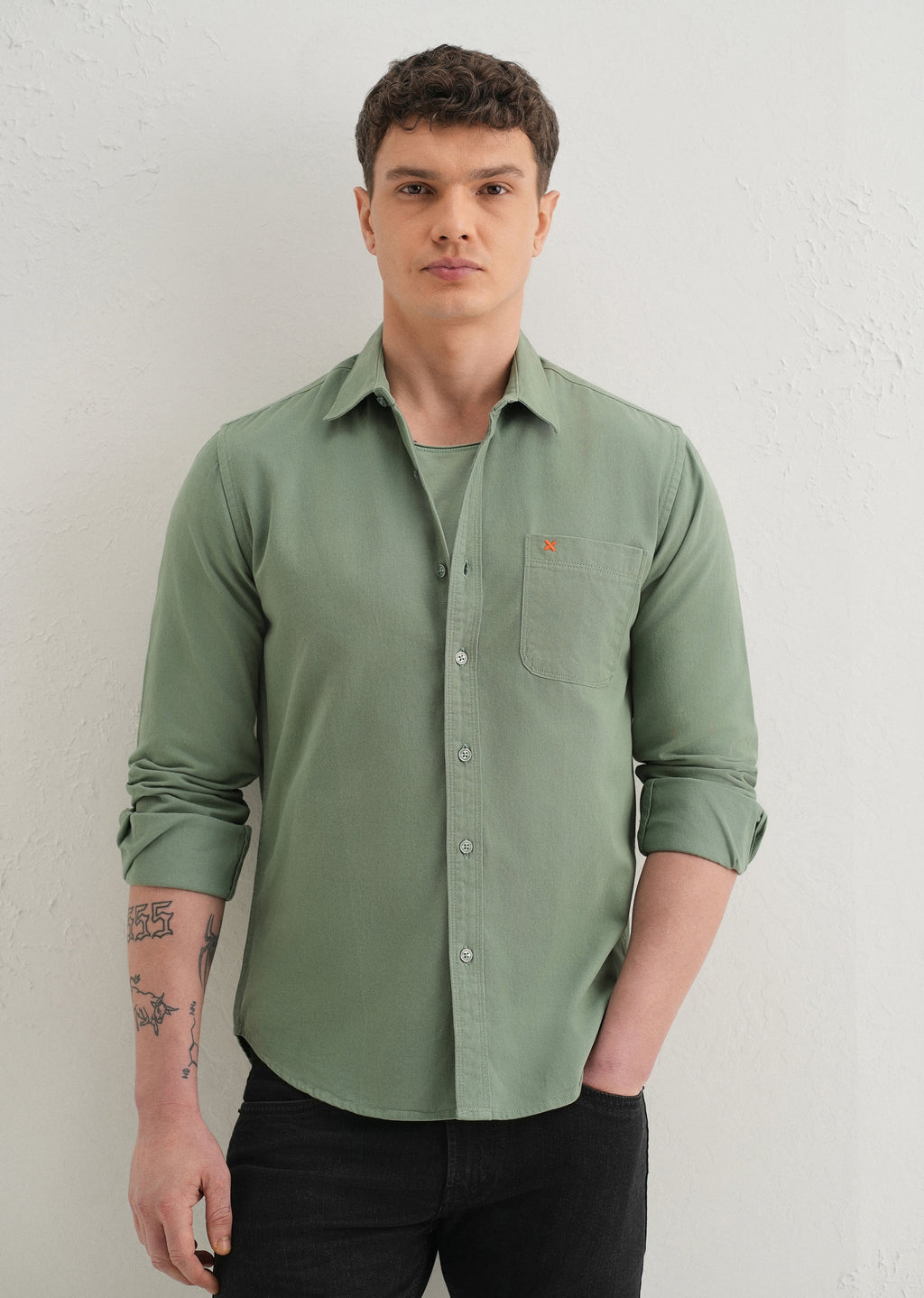 Green Plain Cotton Single Pocket Shirt