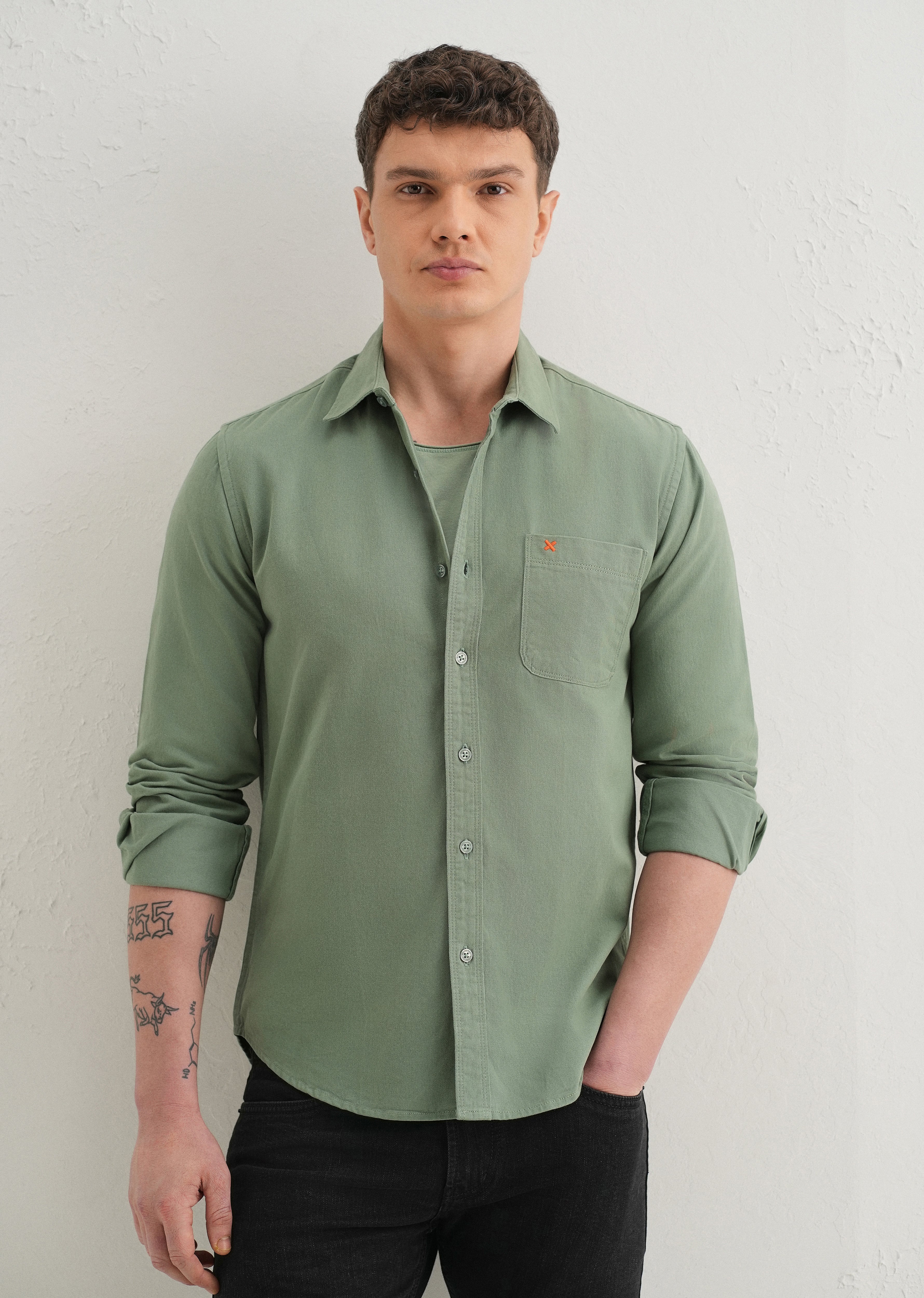 Green Plain Cotton Single Pocket Shirt