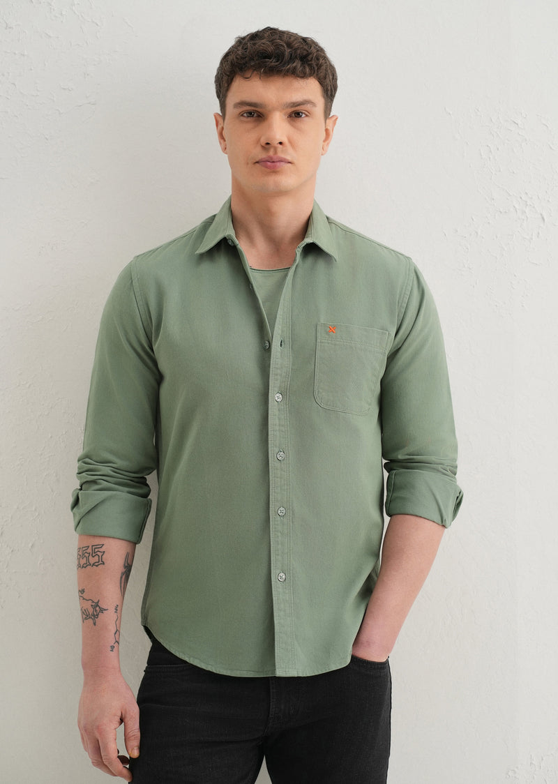 Green Plain Cotton Single Pocket Shirt