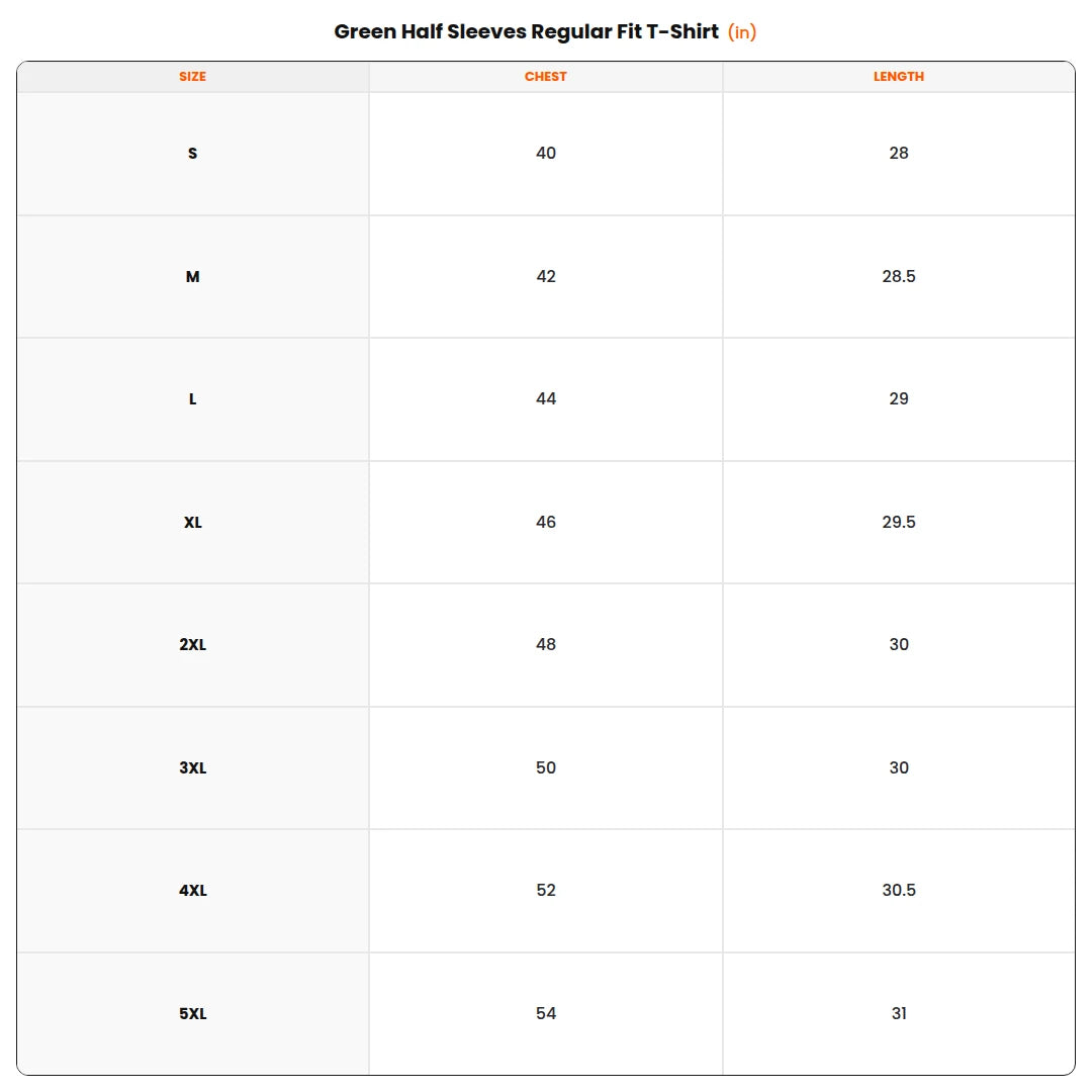 Size chart - Green Half Sleeves Regular Fit T-Shirt