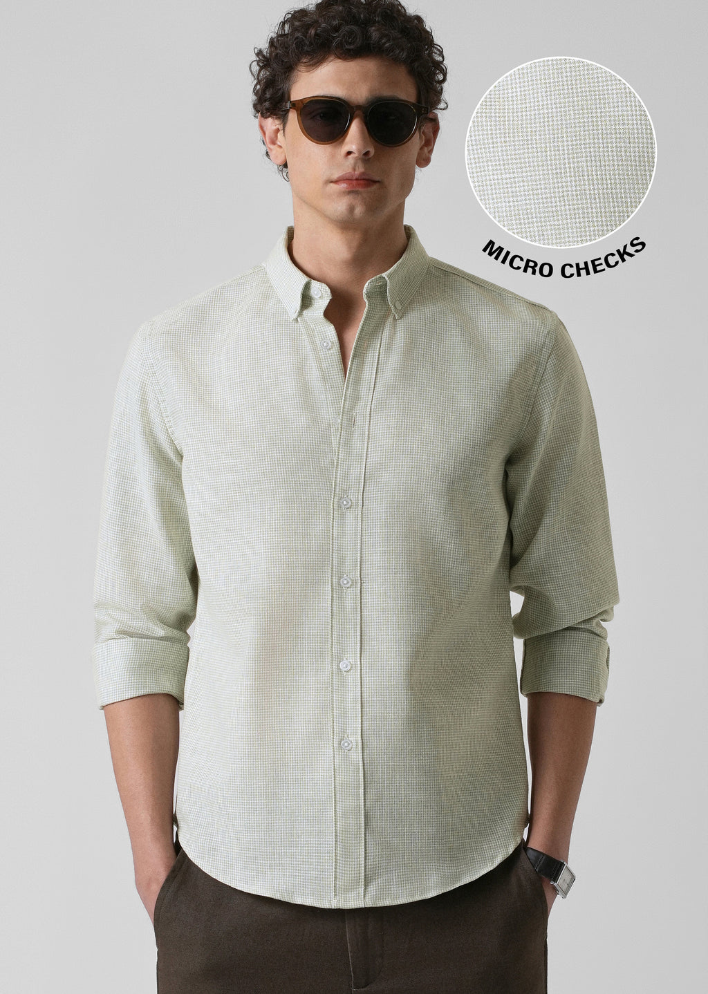 Green Micro Checks Blended Cotton Shirt