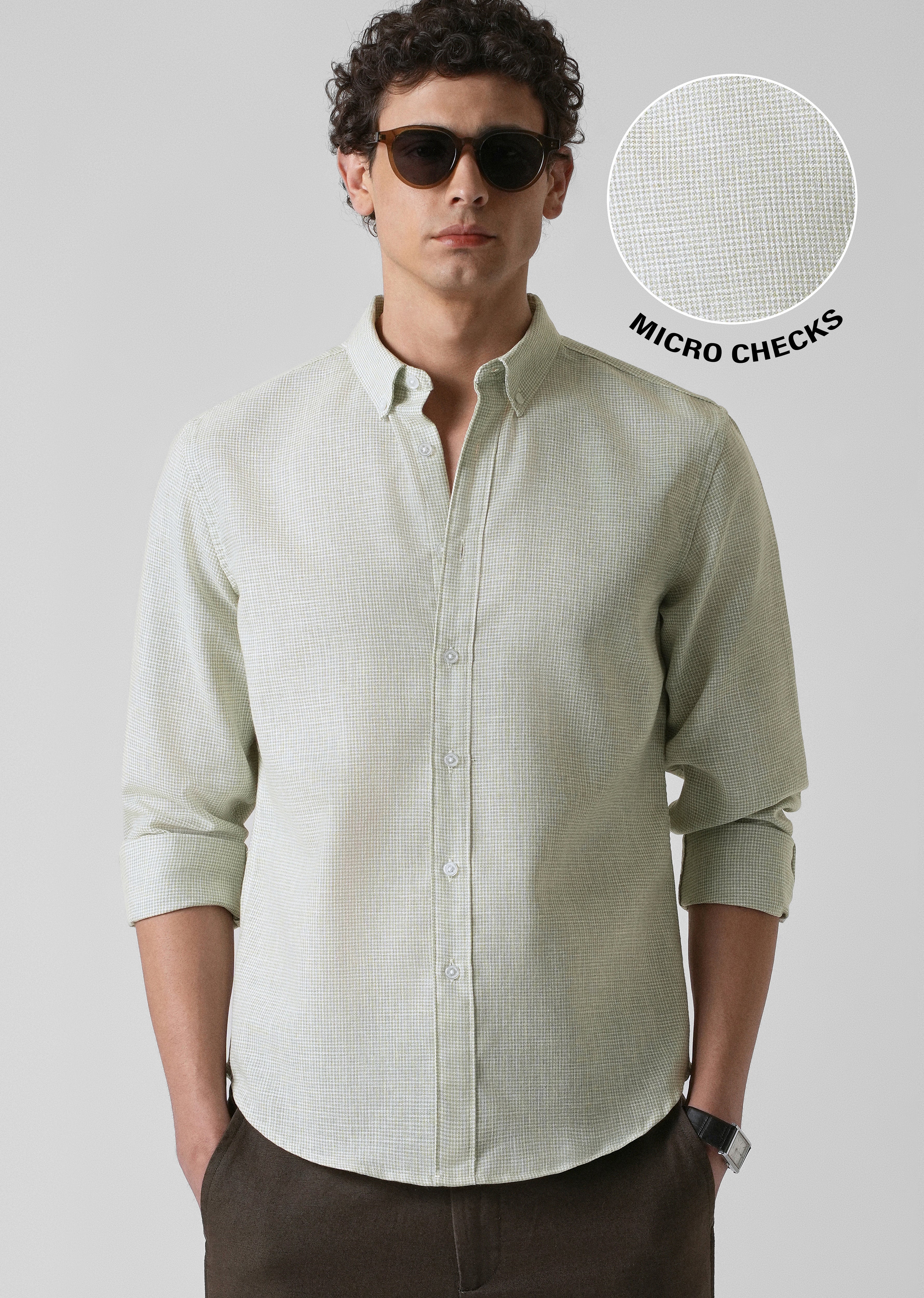 Green Micro Checks Blended Cotton Shirt