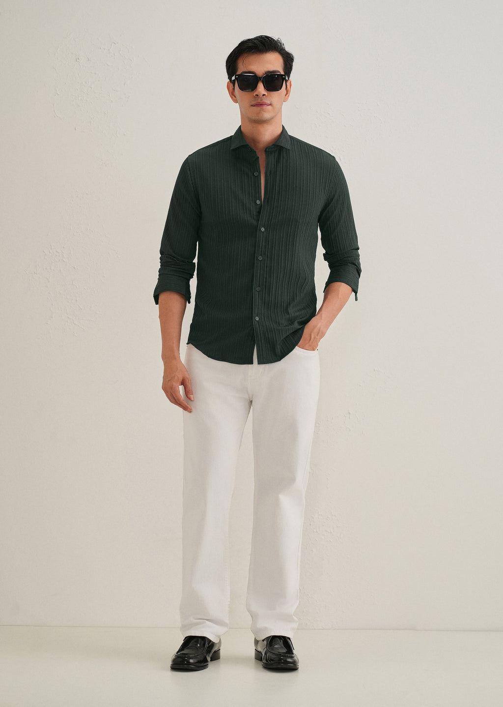 Green Plain Self Striped Shirt